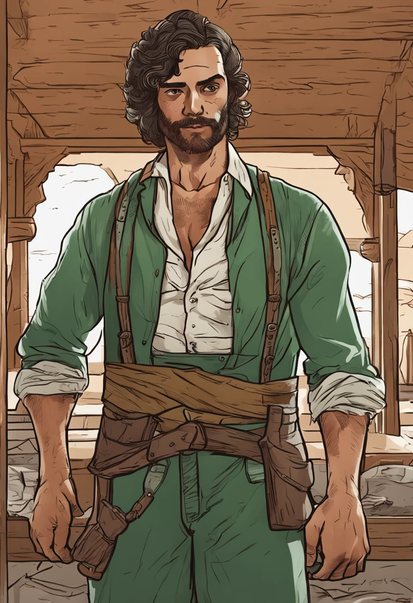 Full body full body photo of a Gorgeos guy in the green of a sixteenth-century village shop, e pleiteando ajuda. He's so strong. Trata-se de um jovem de 25 anos, um jovem atarracado e forte, who wears a stained leather apron and works with his hands;. ::imagem cristalina, altamente detalhado, Magic touches, Ultra high resolution, Widescreen aspect ratio, cinemactic, Fotografia Completa, Fotografado na lente de 100mm, Ultra - grande angular, profundidade de campo, hiper - detalhado, lindamente colorido, detalhes insanos, detalhes intrincados, Motor irreal, cinemactic, color grading, cinematic photography, fotografia, Fotografado em lente de 150mm, profundidade de campo, DOF, Tilt Blur, Velocidade do obturador 1/ 1000, F/ 22, White balance, 32k, Super - Resolution, Megapixel, ProPhoto HDR, SEX, Massive, Halfrear Lighting, luz de fundo, natural lighting, Incandescente, fiber optics, Moody Lighting, Cinematic lighting, studio lighting, soft lighting, volumetric, beautiful lighting, highlight lighting, global ilumination, Global Screen Space Illumination, Ray Tracing Global Illumination, Optics, blonde hair, curly hair, Green eyes, light smile, naughty face, determined, wide shot, Canon, En plein air, 8k, masterpiece, super detail, high details, best quality, Scattering, brilhante, Sombras, Rough, Cintilante, ray tracing reflections, Lumen reflections, screen space reflections, Diffraction Grading, chromatic aberration, Deslocamento de GB, Linhas de varredura, Ray Traced, Ray Tracing Ambient Occlusion, anti - aliasing, FKAA, TXAA, RTX, SSAO, Shaders, OpenGL - Sombreadores, GLSL - Sombreadores, Post processing, post - production, O Sombreamento, Mapeamento de tons, .cgi, VFX, SFX, Insanamente detalhado e intrincado, hipermaximalista, hyper realistic, super detalhado, dynamic pose, fotografia --v 5.0 --s 1000