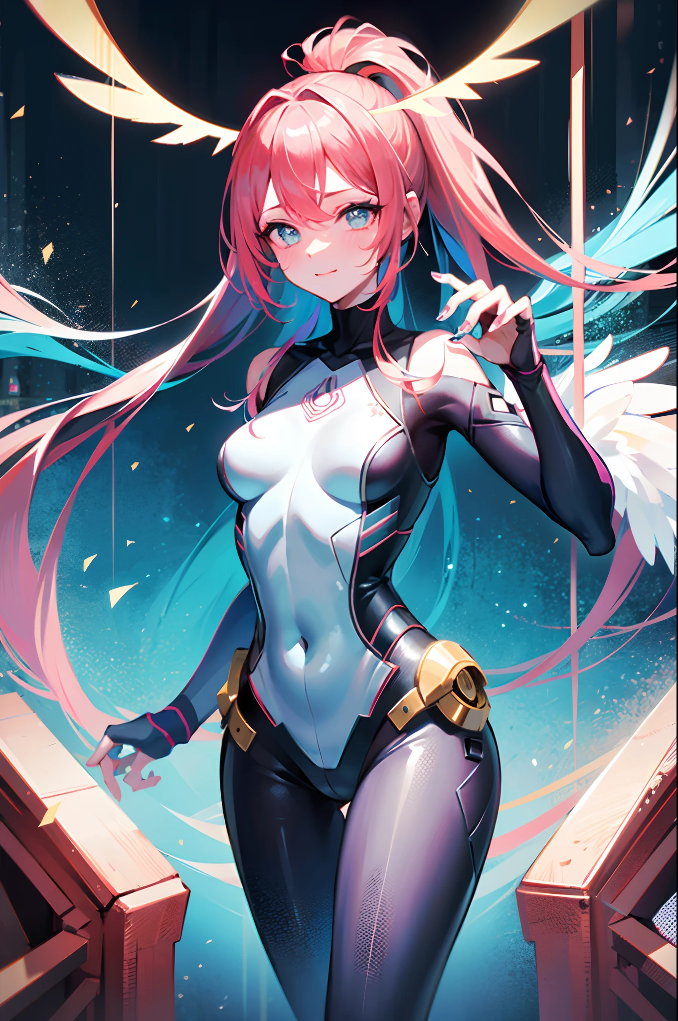 (((Masterpiece))), 1girl, super detailed, hyper-realistic face, (flirtatious expression), plugsuit, luminescent cat ears, ((super cute face)), ((angelic face)), ((incredibly beautiful eyes)), (luminous eyes), (full body), pink boots, (multicolored hair), super sexy hair, high ponytail, (delicate and perfect hands), (perfect anatomy), super delicate and sexy body, sexy pose, ((ulzzang)), (super thin face), delicate features, ultra detailed, best quality, cinematic lighting, captivating beauty, sexy look