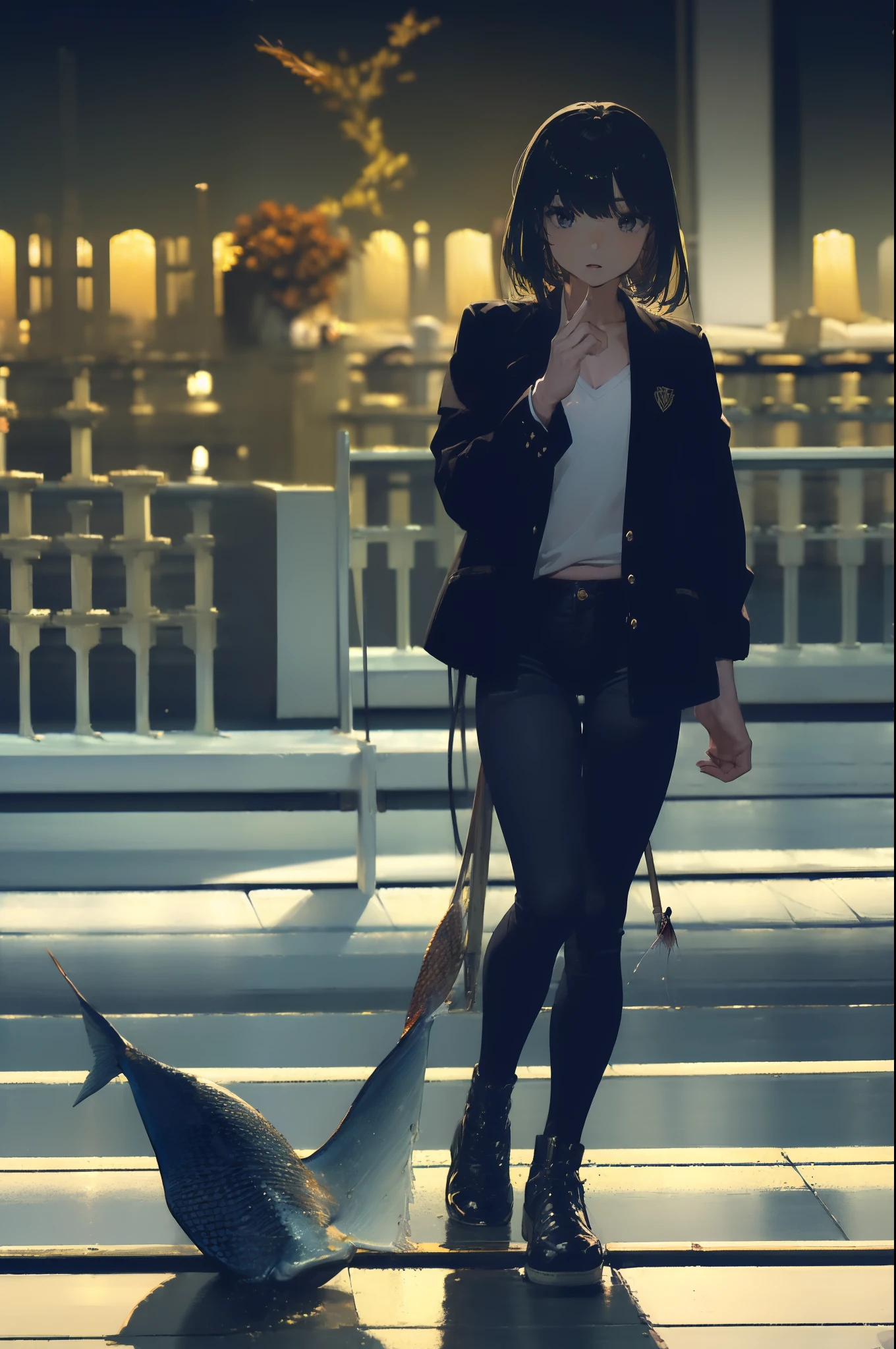 ((((Catching a big fish by the lake:1.5)))),((Female 28 years old)),((Best Quality:1.5)),(((Hands with the correct number and structure of fingers:1.4))),((Big fish:1.37)),hight resolution,ultra-detailliert,masterpiece,best qualtiy,(Eight-headed body),Black hair, long eyes-lashes, Solid Circle Eyes, drop shadow, Atmospheric perspective,Super Detail, ccurate, small brest,(Black jacket and black jeans :1.1),top-quality, blurry backround, bokeh dof:1.2, (masterpiece:1.3), Atmospheric perspective,Super Detail,dynamic compositions,