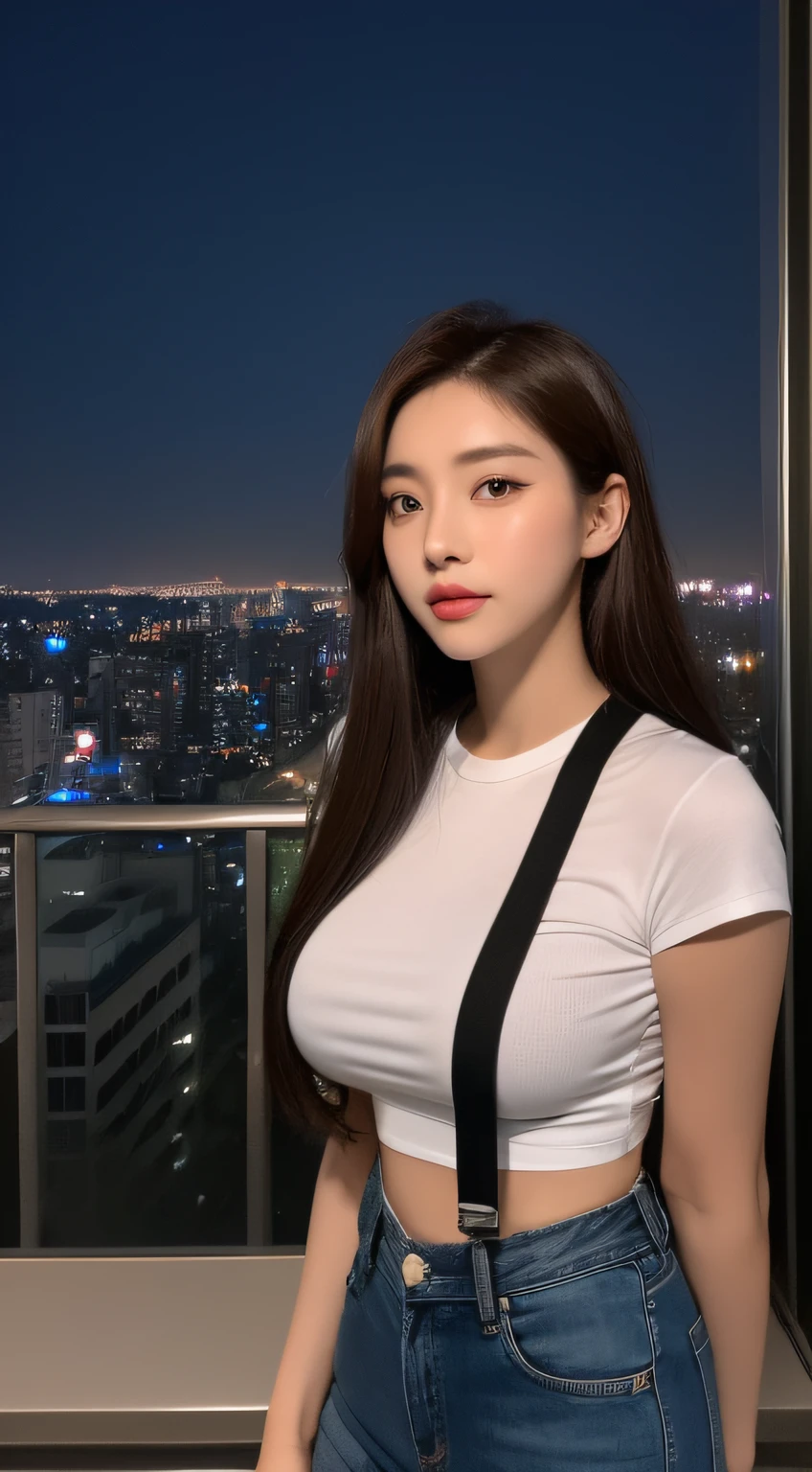 ((Midnight, Best quality, 8k, Masterpiece :1.3)), Whole body, Long legs, Sharp focus :1.2, A pretty woman with perfect figure :1.4, Slender abs :1.1, ((Dark brown hair, Big breasts :1.2)), (White tight tshirt, Jean bib, Standing:1.2), ((Night city view, Rooftop:1.3)), Highly detailed face and skin texture, Detailed eyes, Double eyelid