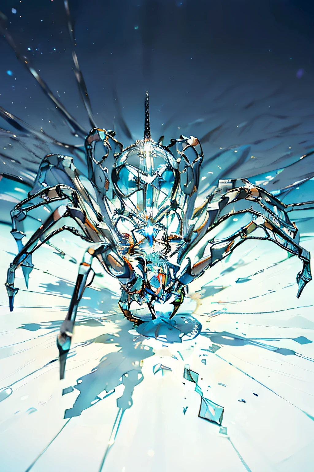 Visualize uma aranha monstruosa, whose body is composed of a tapestry of white crystals, reluzindo com um branco brilhante e deslumbrante. Each leg is formed by crystals of different shapes and sizes, criando um efeito de brilho e textura. Seus olhos, feitos de cristais brancos lapidados, emitem um brilho suave e hipnotizante. Como a aranha se move, uma trilha de luz branca a segue, envolvendo o ambiente em uma atmosfera serena e luminosa