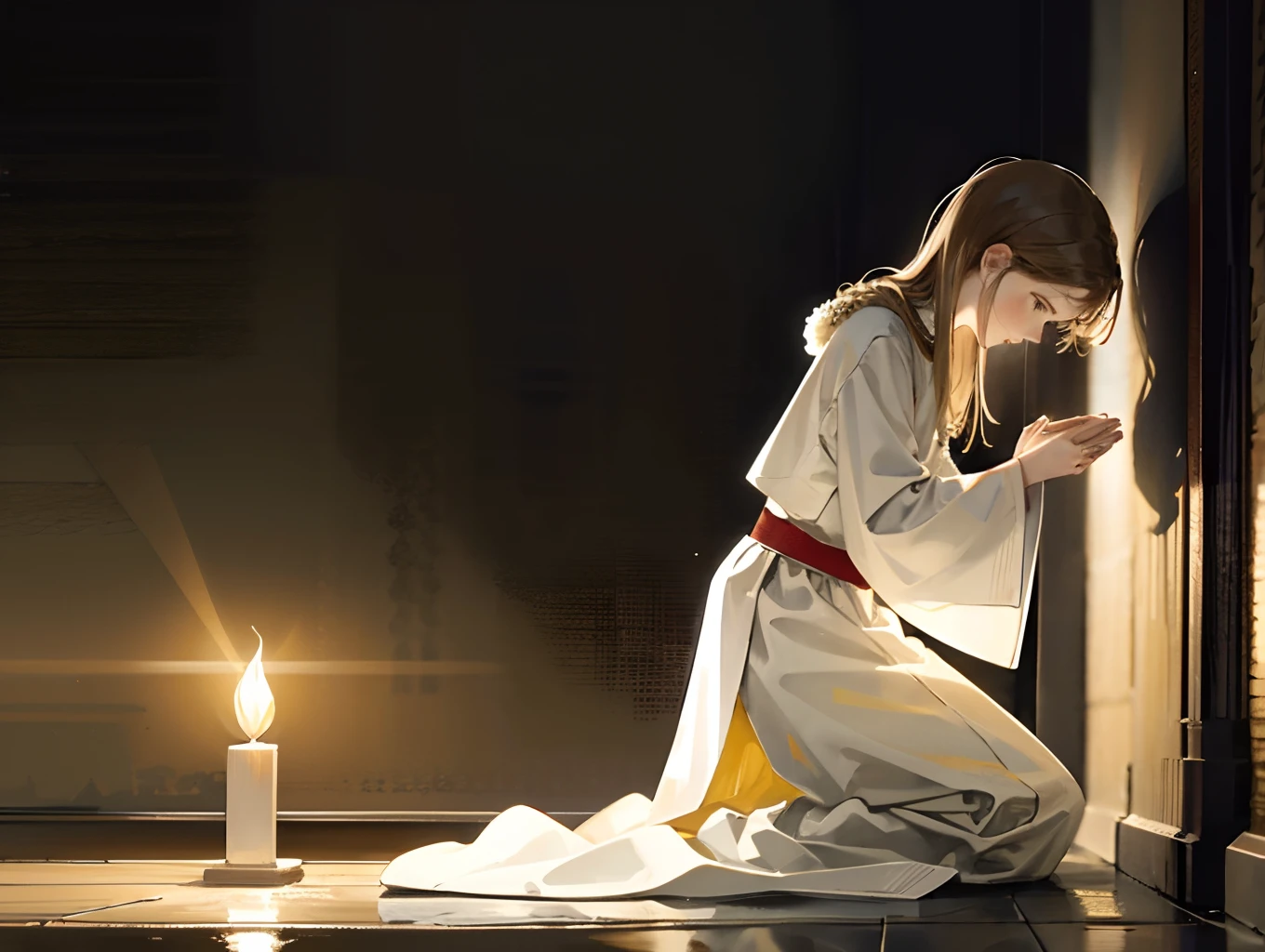 "A serene image of Christ kneeling in prayer, with the soft light illuminating His face as He intercedes for us. Your hands are gently joined, and His expression reflects a deep compassion and love for humanity."