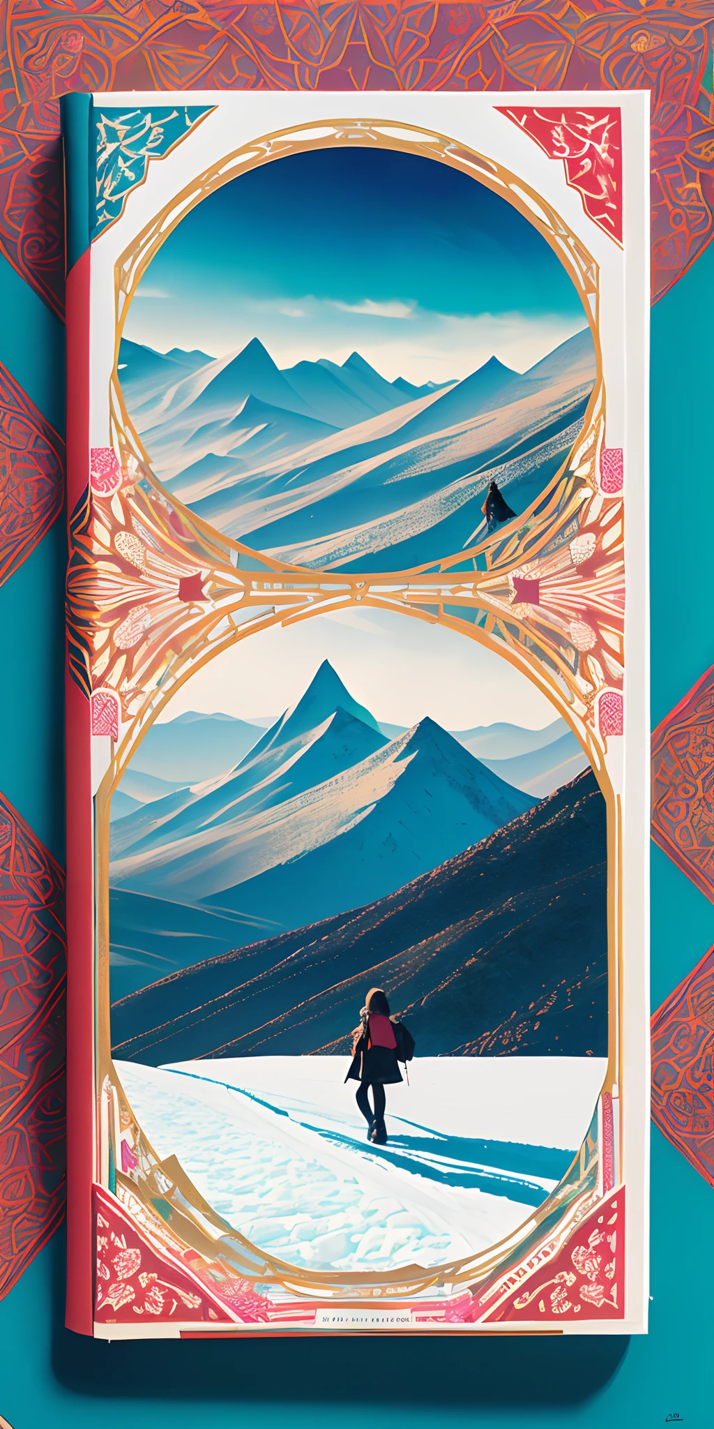 Command: ``/create prompt:((Book cover for a mysterious girl is walking down the ice mountain and standing on the colourful patterned ground)),((layered paper of vibrant mountains are putting side by side on the realistic paper cut field)),paper collage art,trending on artstation,professional photography,cinematic still shot,highly resolution,highly creation quality,UHD,CFG:19,32k lens,delicate colours,intricate paper collage artwork,intricacy book cover and paper cut mountain desgin,intricately drawn paper clutter and book cover,story book illustraction,sharpness,surrealistic features,hyper realistic book cover,exquisite details,symmetrical shape,adventuresome poster illustration