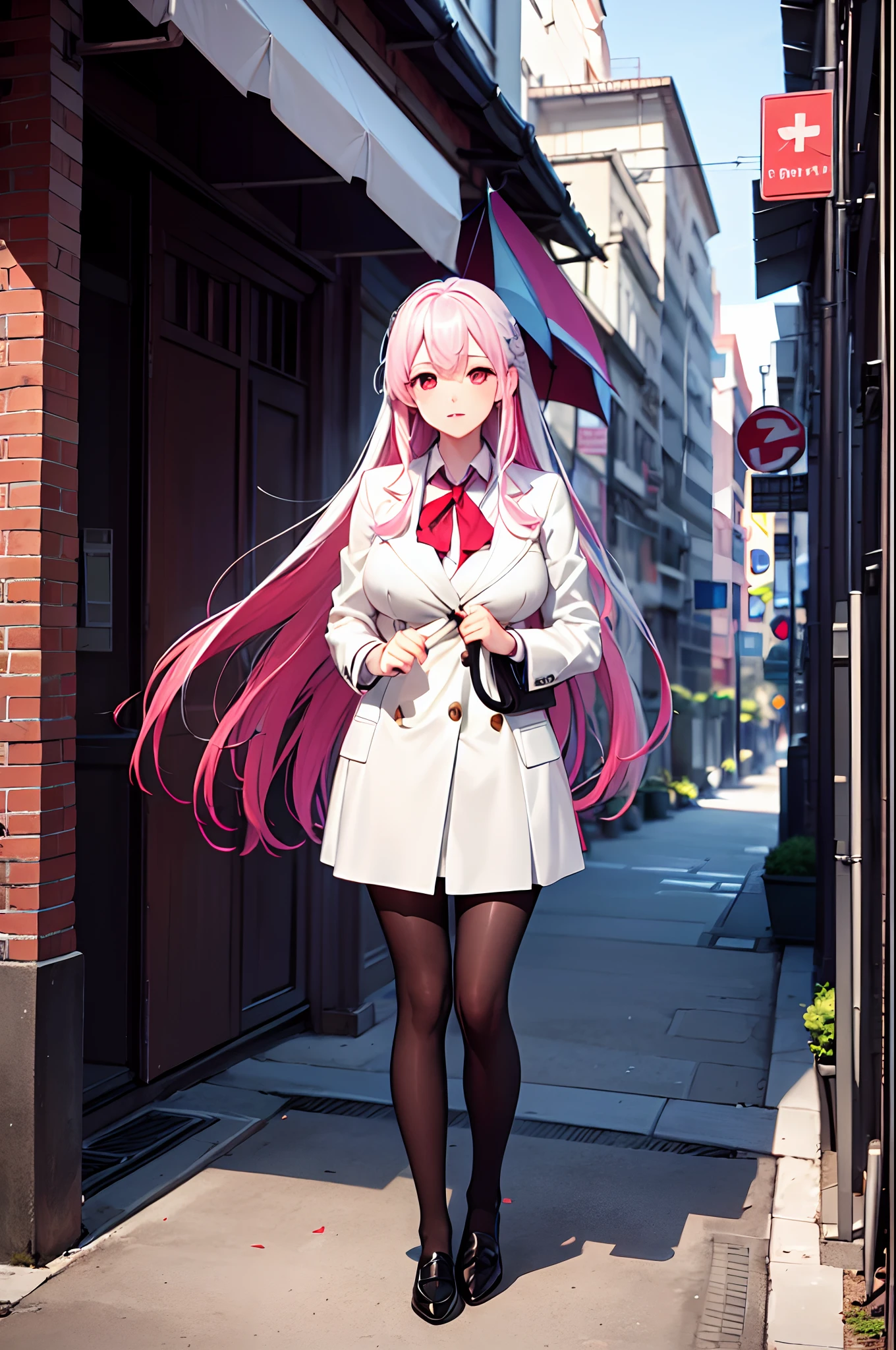 masterpiece, high res, 1girl, solo, huge breast, vampire girl, long hair, pink hair, white hair, multicolored hair, red eyes, white coat, school uniform, medium skirt, black pantyhose, holding umbrella, city, building, afternoon, full body, anime