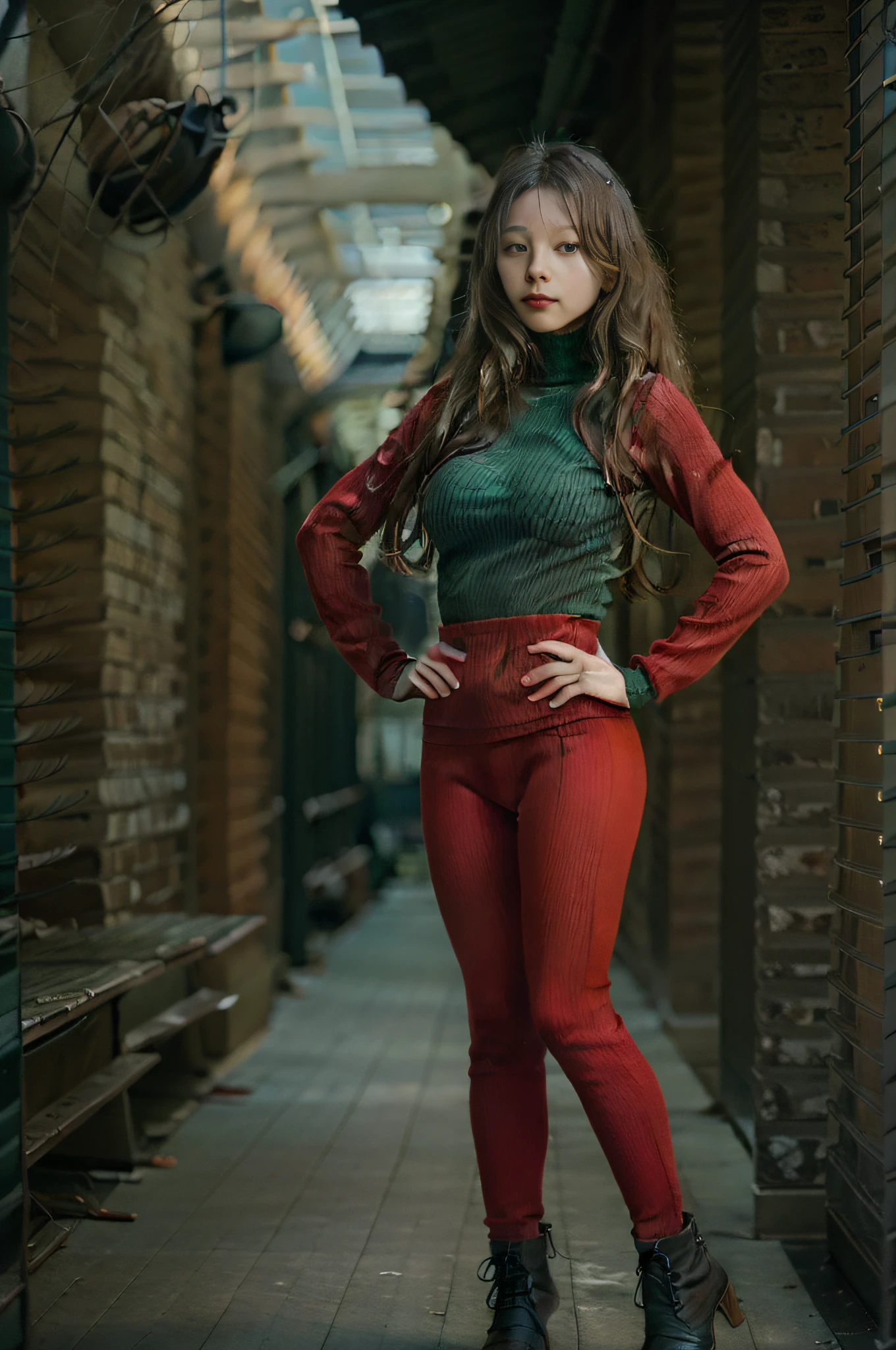 A beautiful portrait of a brune 40 yo woman, long and curly hair, green eyes, professional model pose, wearing a red tight turtleneck top, photorealistic, 4k, full body shot with Canon EOS 6D and a Canon 135mm f2 L lens at F2, very sharp, bokeh lights, day, city, full body portrait, profile