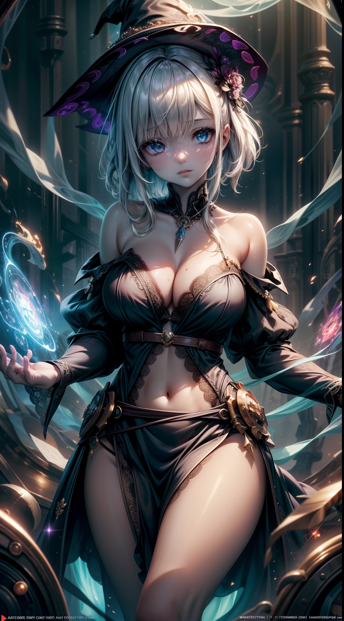 (necromance:1.2) girl, 1girl, perfect and well designed shiny eyes, (beautiful detailed emerald marsh eyes:1.05), big breasts, natural breasts, slim body, beautiful and delicate face, (face detail), ((realistic face)), pores, ((pale skin)), detailed skin, realistic skin, medium length hair, hair voluminous, super high resolution, 8k, parameters Best quality, (masterpiece:1.4), (magic accessories:1.4), bracelets, necklaces, dark extremely detailed thick tight ((lacy silk clothing:1.3), (lacy wrap dress:1.2), (lycra kimono:0.8)), (neckline:1.3), (cleavage), decolette, naked collarbone, ((navel)), ultra detailed, photorealistic, ((Real image)), (best quality:1.4), super high resolution, (Realistic 2.0), More details, (full body portrait), (((1girl))), (witchcraft:1.5), magic energy flows and sparkles, futurism, cyberpunk, magic technologies, (beautiful and aesthetic:1.2), (fractal art:1.4), (cinematic light:1.1), DUTCH ANGLE, 16K, HDR, RTX, Ray Tracing, Radiosity, Anisotropic Filtering, Subsurface Scattering, (((magic lights))), metallic reflections, Detailed, Realistic, 4k highly detailed digital art, (cool_color), extremely detailed CG unity 8k wallpaper, vibrant colors