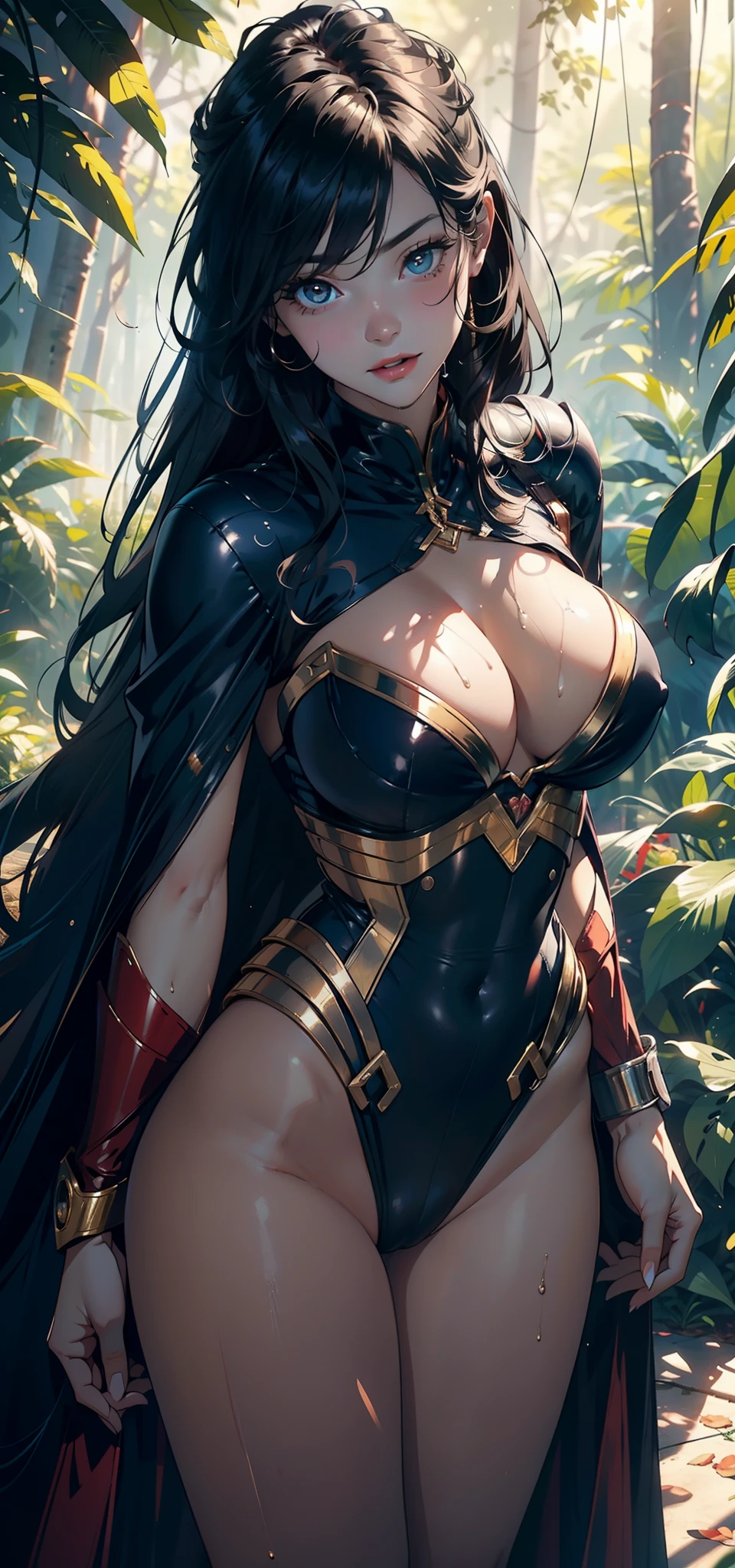 1female,yo,Slim,teens girl,,gigantic cleavage breasts,Big breasts Thin waist,slenderlegs,Pornographic exposure, 独奏,(Background with:ln the forest,the rainforest,in summer) She has long black hair,standing on your feet,Sweat profusely,drenched all over the body,seen from the front, hair straight, mostly cloudy sky,(((tmasterpiece),(Very detailed CG unity 8K wallpaper),best qualtiy,cinmatic lighting,detailed back ground,beatiful detailed eyes,Bright pupils,(Very fine and beautiful),(Beautiful and detailed eye description),ultra - detailed,tmasterpiece,)),facing at camera,(The upper part of the body),A high resolution,ultra - detailed),revealing breasts,Bare genitalia, Bulge,legs are open,Raised sexy,Camel toes,Flushed complexion,Open-mouthed,frontage,Gold Saint Seiya(Wearing:Captain America uniform,Armour,Red cape)