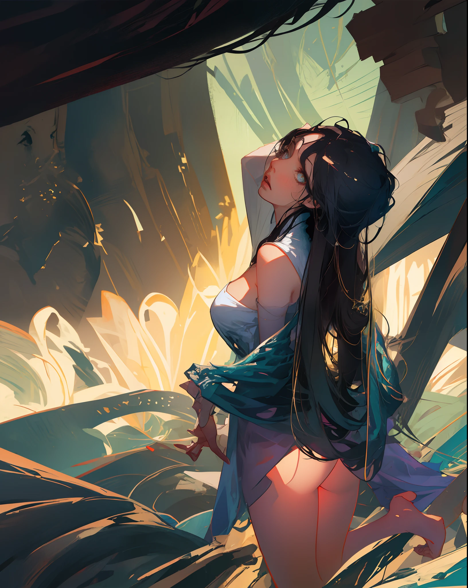 kneeling on a bed,Held with one hand,Butt up,Large breasts leak out of cleavage,long leges,The eyes are confused,The expression is tumultuous,Seduce lust
