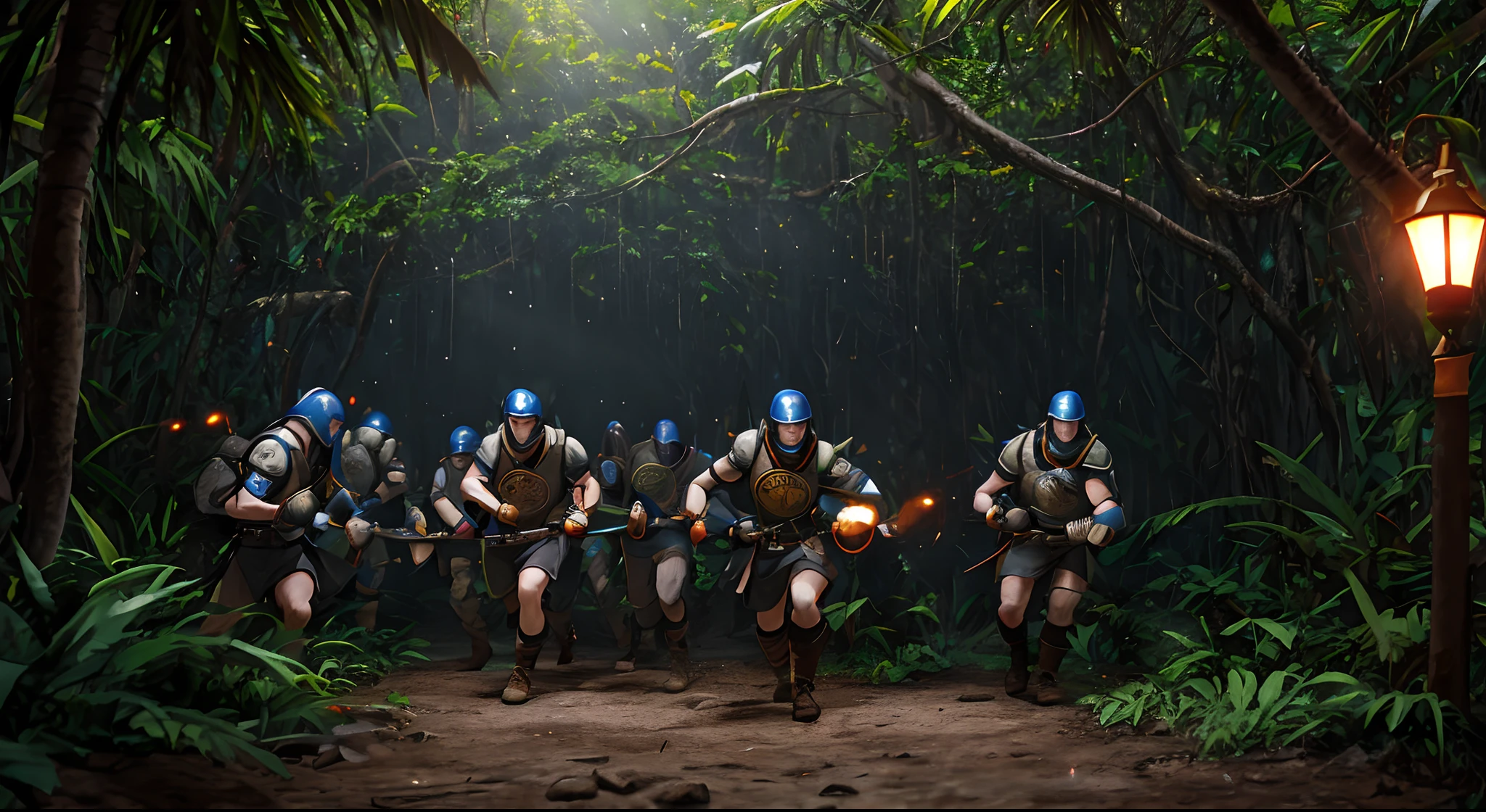 Warriors charging to fight in jungle
tyndall effect,photorealistic, dark studio, rim lighting, two tone lighting,(high detailed skin:1.2), 8k uhd, dslr, soft lighting, high quality, volumetric lighting, candid, Photograph, high resolution, 4k, 8k, Bokeh