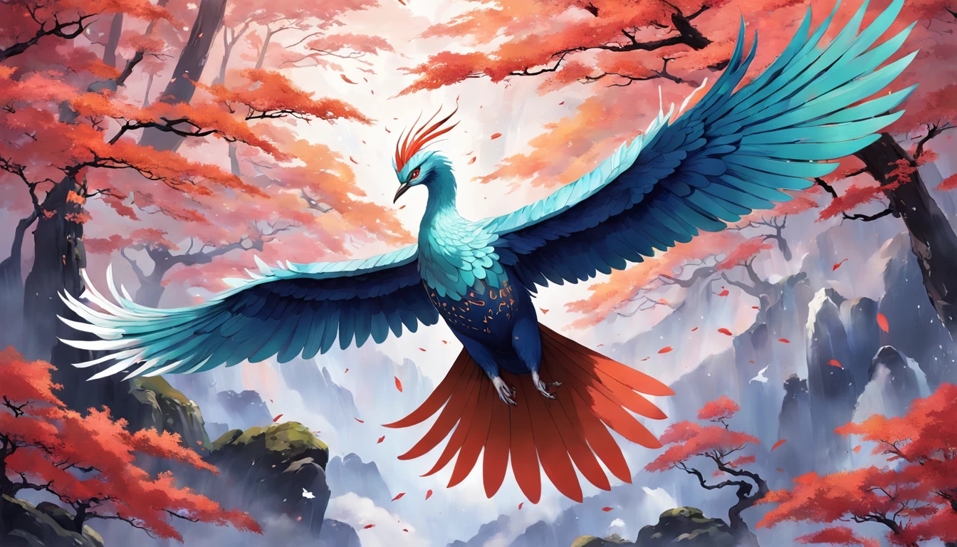 "The Japanese mythical bird Hō-ō or Fushichō in exquisite detail and amazing beauty, Show off its vibrant feathers and majestic presence. The intricate feathers shine with stunning colors, Exudes an ethereal sense of elegance. Hō-ō soars gracefully against the backdrop of tranquil landscapes, There is a hint of mystery in the air. The artwork captures the essence of this legendary creature, Convey its importance in Japanese folklore.+"