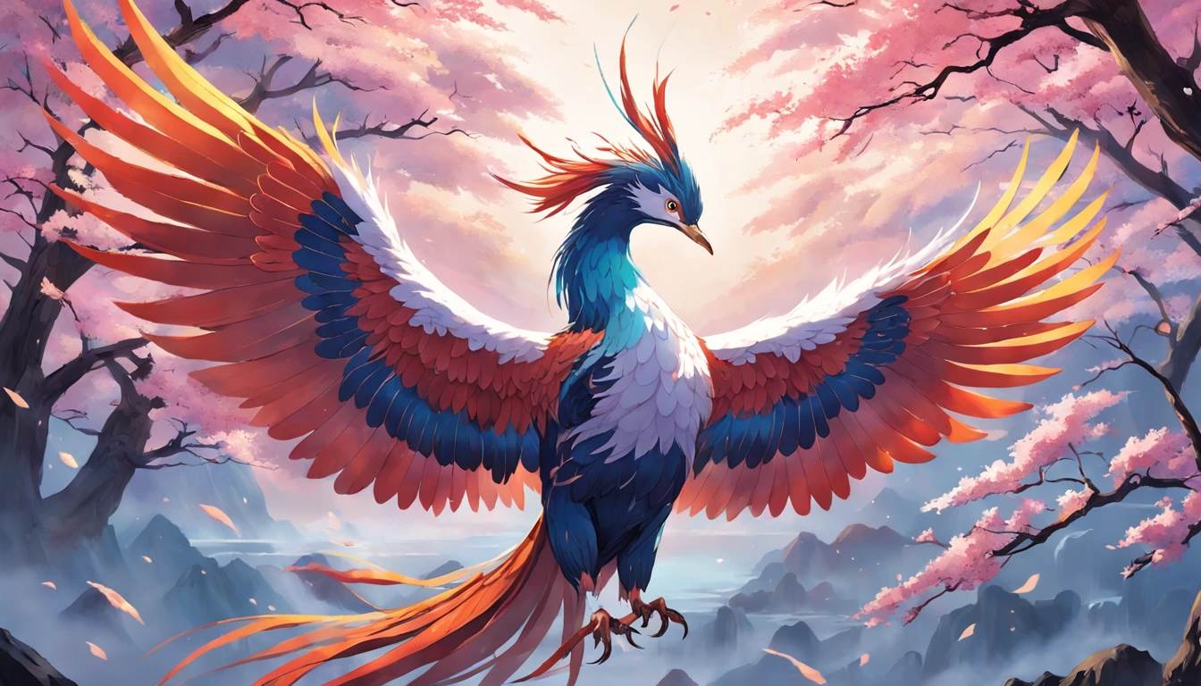 "The Japanese mythical bird Hō-ō or Fushichō in exquisite detail and amazing beauty, Show off its vibrant feathers and majestic presence. The intricate feathers shine with stunning colors, Exudes an ethereal sense of elegance. Hō-ō soars gracefully against the backdrop of tranquil landscapes, There is a hint of mystery in the air. The artwork captures the essence of this legendary creature, Convey its importance in Japanese folklore.+"