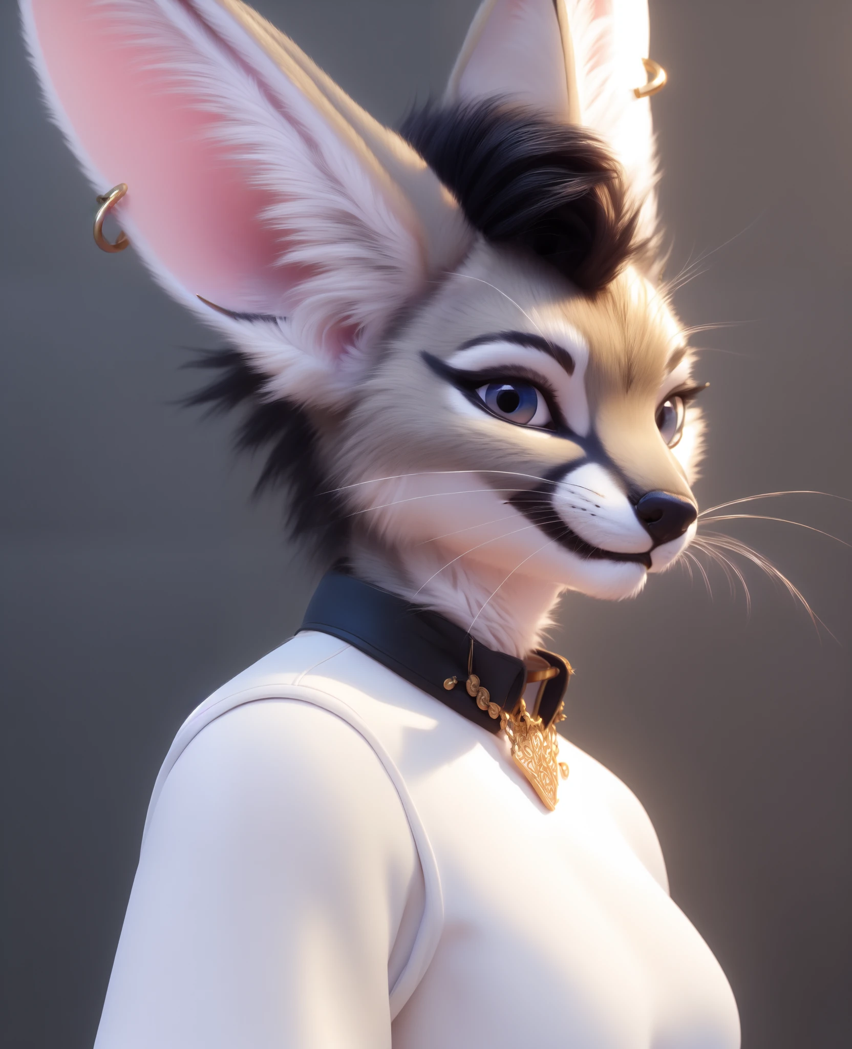 , solo, anthro, ear piercing, piercing, mammal, ear ring, hair, ring piercing, 3d (artwork), female, grey background, clothing, hi res, fur, simple background, clothed, digital media (artwork), whiskers, fennec, smile, portrait, industrial piercing