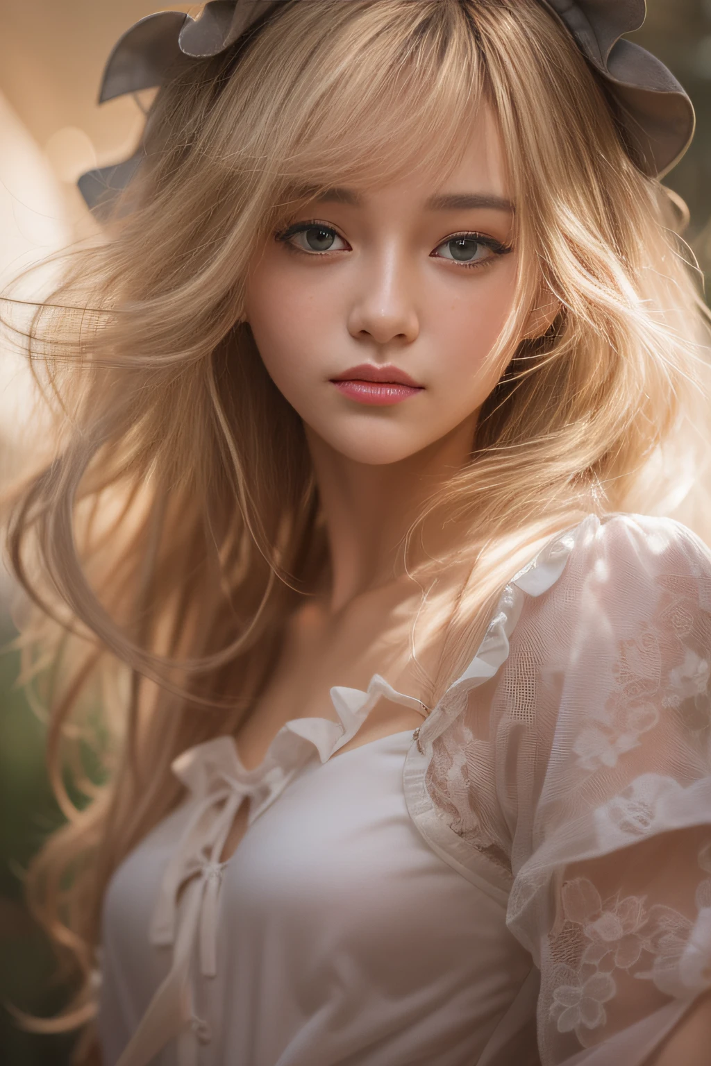 brown eyes, rutkowski repin, wlop, natural blonde hair realistic , image of an incredibly beautiful happy, woman anime style , large pefect eyes Jean-Baptiste Monge style, with highlights in her eyes, light freckles pink makeup, white frilly dress and plaited hair by stanley artgerm lau, wlop, rossdraws, outdoor hyper detailed ,rich dark shadows,painting, Wlop, Artgem , artstation, cgsociety, , 8K UHD, HDR