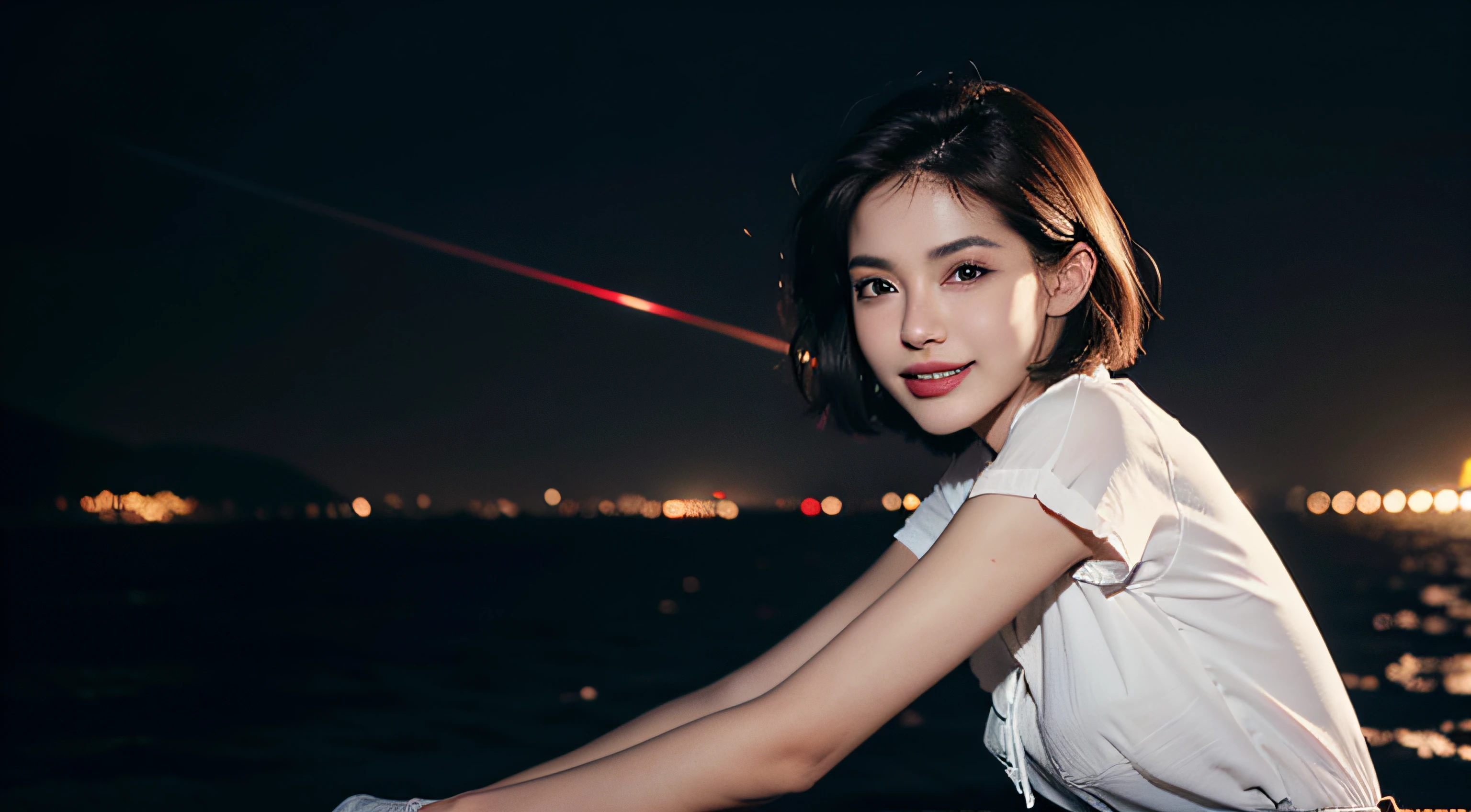 short hair, beautiful brown eyes, pointy nose, pouty lips, tall, petite, slim, extremely fair skin, wearing white blouse, black denim shorts, red shoes, red shoes, black gloves, looking at viewer, smiling, night time, rocky shore, detailed meteor shower across the horizon, 1girl, octave render, hd, masterpiece, detailed texture, detailed skin, detailed face,