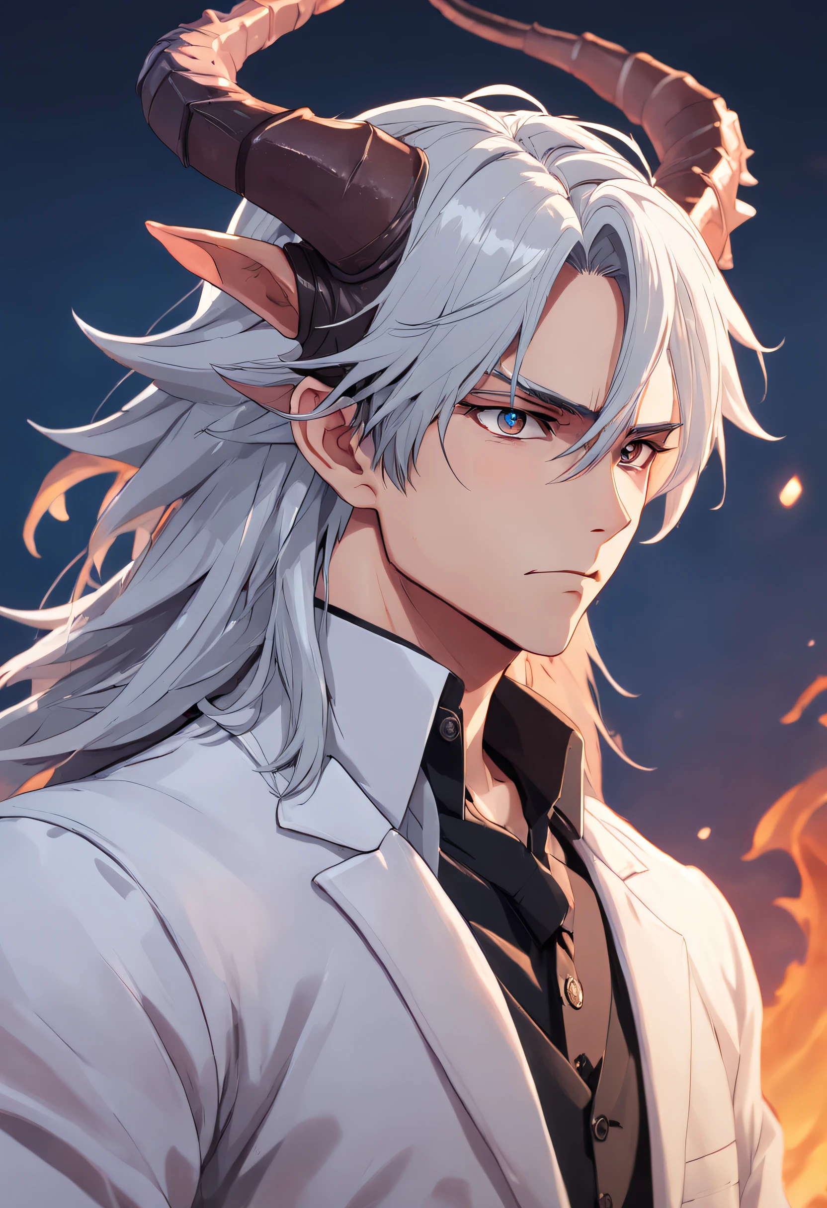 dragon horns, silver hair, bored, character chart, cut-in, anatomically correct, highres, high details,male people