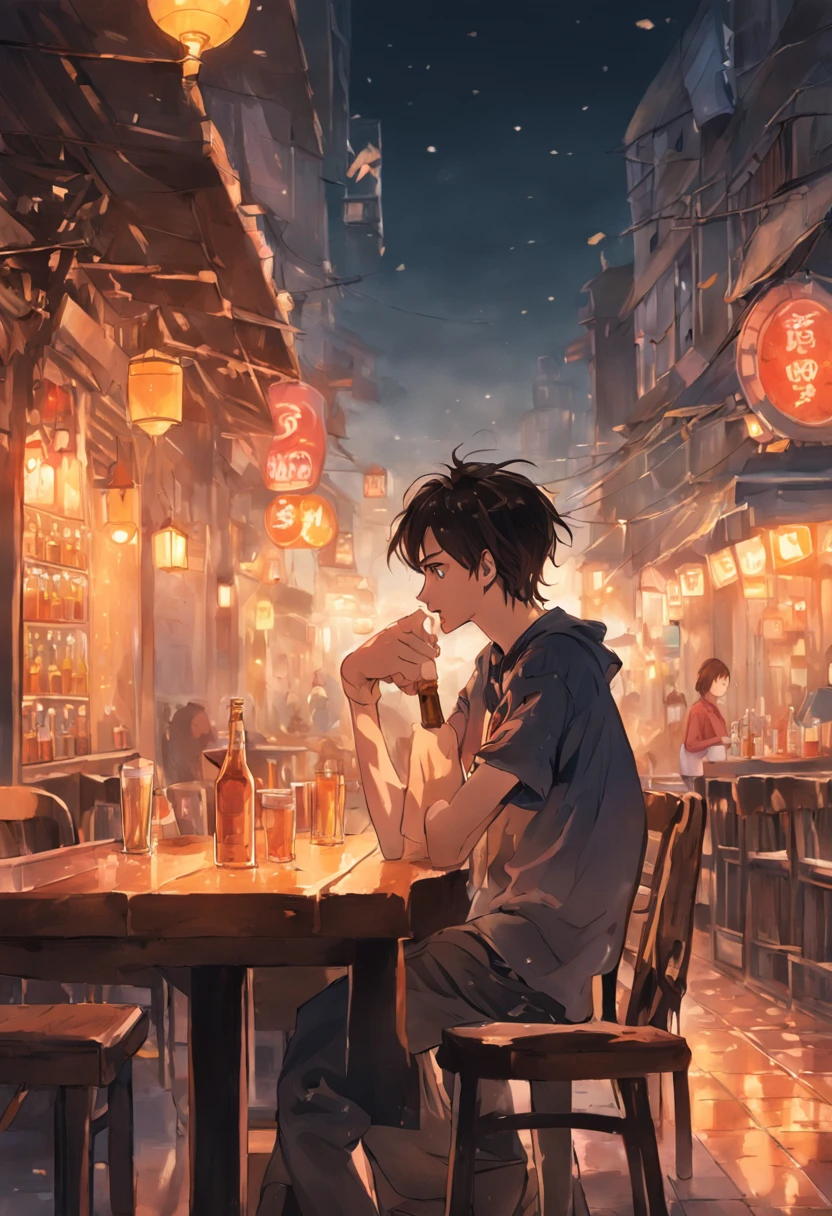There's a man sitting at a table with a bottle of beer, bebendo cerveja, bebendo uma cerveja, segurando garrafas de cerveja, parece Jerma985, 2 3 anos, 2 2 anos, 21 anos, 2 8 anos, foto de perfil 1024px-