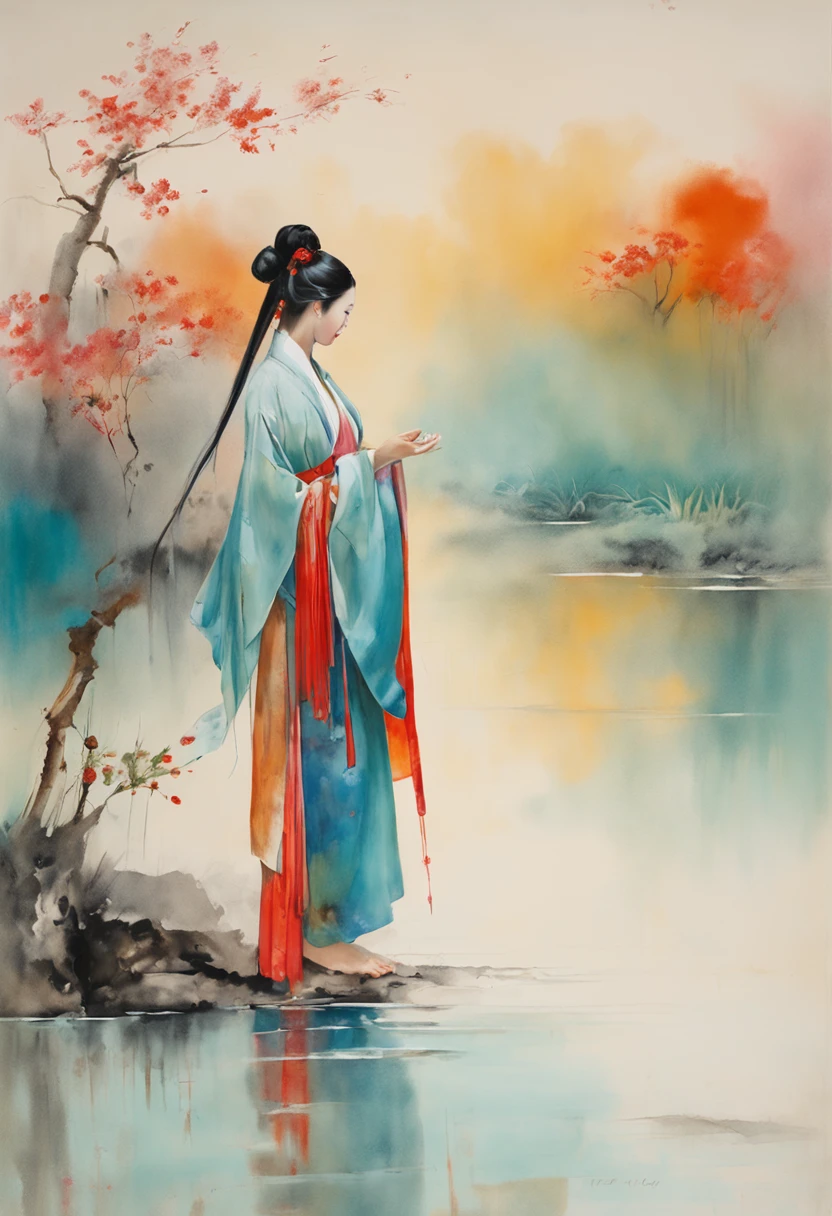 Chinese painting, lotus, hanfu, maxiskit, dress conservatively 1girl, solo, long blue hair, smile, standing, feet in the water, barefoot