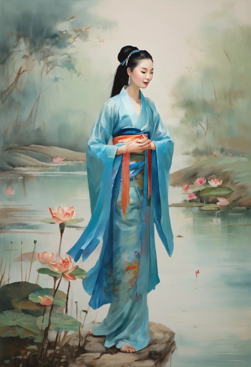 Chinese painting, lotus, hanfu, maxiskit, dress conservatively 1girl, solo, long blue hair, smile, standing, feet in the water, barefoot