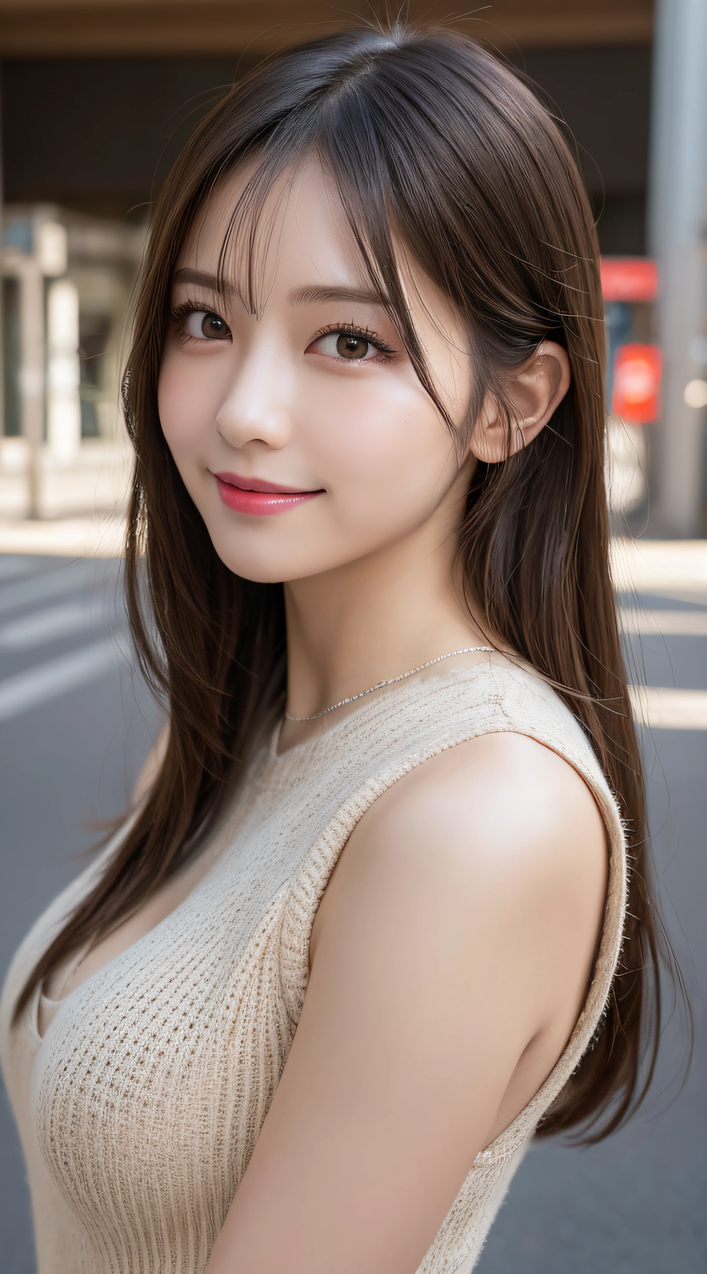 masutepiece, Best Quality, Illustration, Ultra-detailed, finely detail, hight resolution, 8K Wallpaper, Perfect dynamic composition, Beautiful detailed eyes, Women's fashion in winter,straight haired,small tits、Natural Color Lip, Bold sexy poses,Smile,Harajuku、20 years girl、Cute、Sexy shot looking at camera,nighttime scene