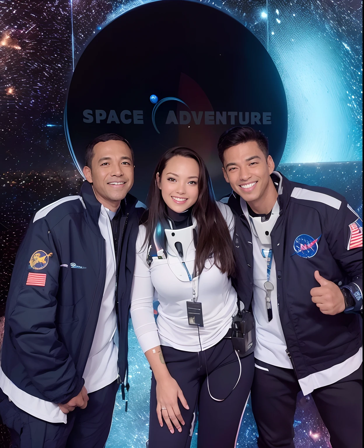 Three people in front of a space adventure sign, usando um traje espacial, na frente de sua nave espacial, Astronautas, usar trajes espaciais, in space station, Space travel, In front of the space station window, vestindo roupa de astronauta, Space Core, em traje espacial, vestindo roupas espaciais, NASA Turismo Espacial, nova aventura, com um traje espacial ligado