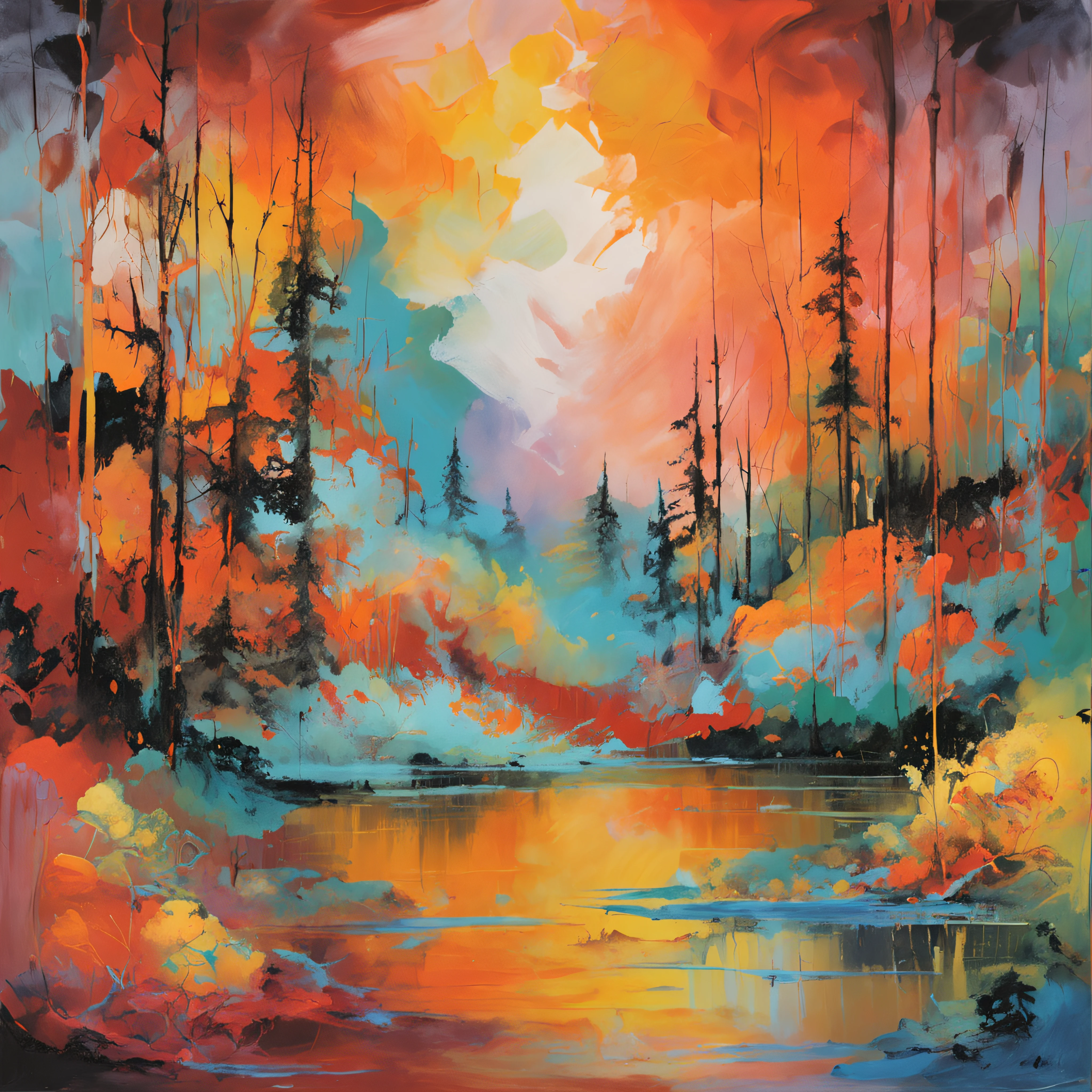 Intricate painting details of Japanese forests,galaxy in background, Clouds, vivd colour, High contrast, Mountain, vector line art, orange highlights, trending in pixiv, anime concept art, high high quality, Edge to edge,