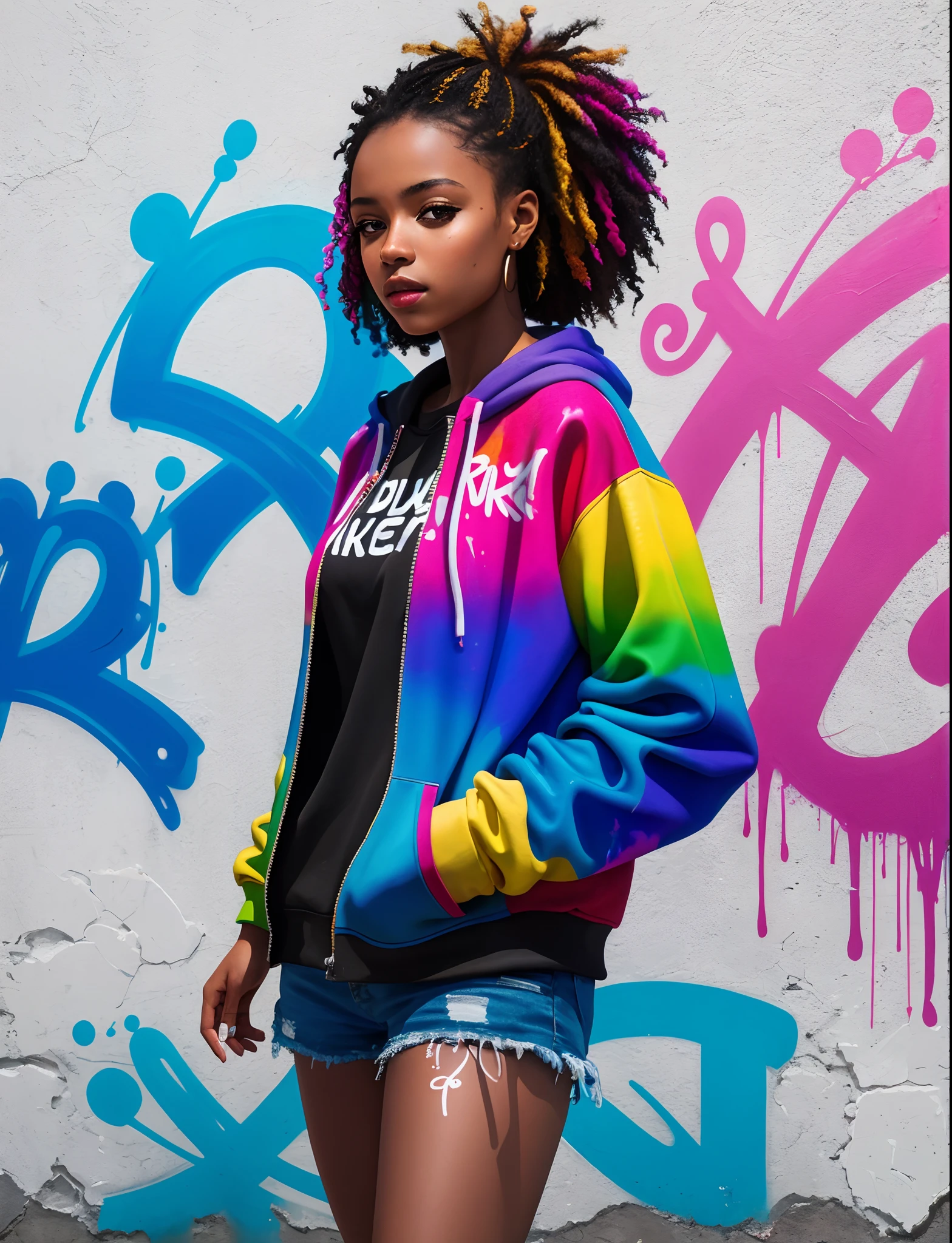 Graffiti painting, street art, 8k extremely detailed CG unit wallpaper, 8k landscape, artwork, masterpiece, best quality, amazing light strokes, of a Black woman in graffiti style on a white wall with vibrant colors.