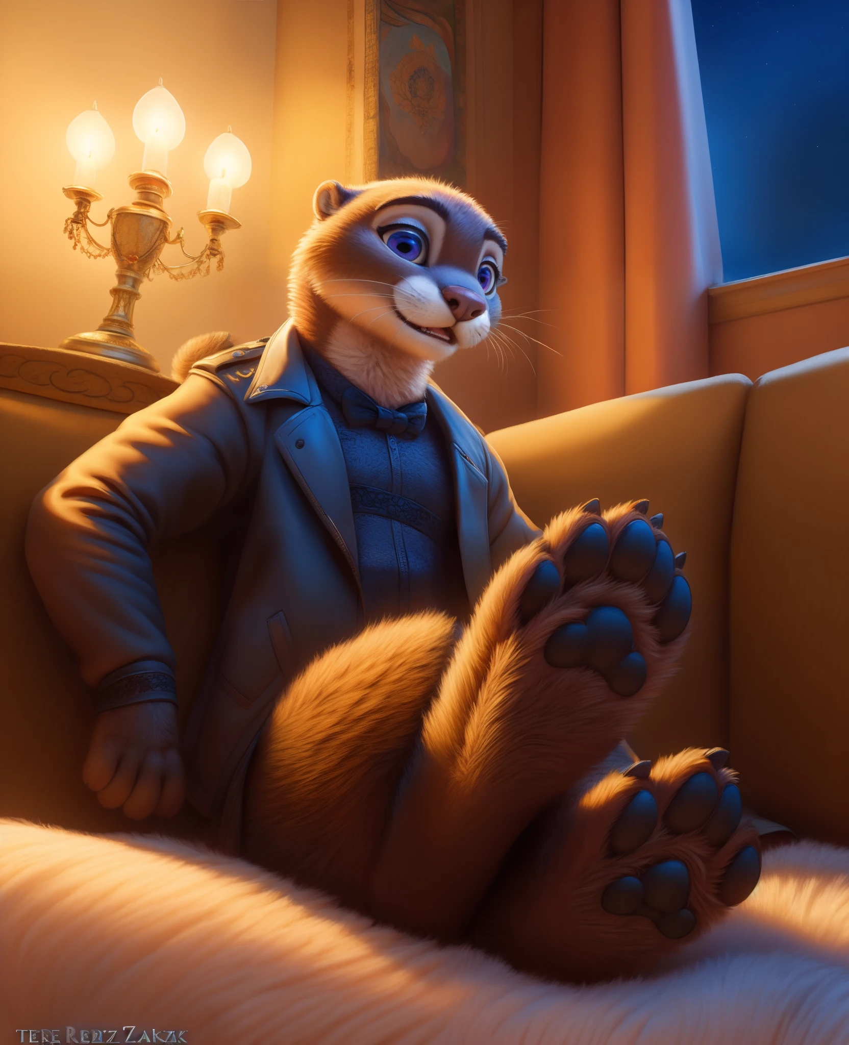 (otter), (zootopia), disney, movie, 4 toes, ( masterpiece, (detailed fur), best quality, photorealistic, hyperrealistic, ultradetailed, detailed background, photo background, 3d_\(artwork\), )
BREAK
sitting, night, apartment, (paws, black pawpads, (foot focus),), front view, (black lingerie, (brown jacket),), low angle shot, (symmetrical), looking at viewer, 
BREAK
smiling, holding remote, (by sabretoothed_ermine,) (by tchaikovsky2,) (by red-izak,)