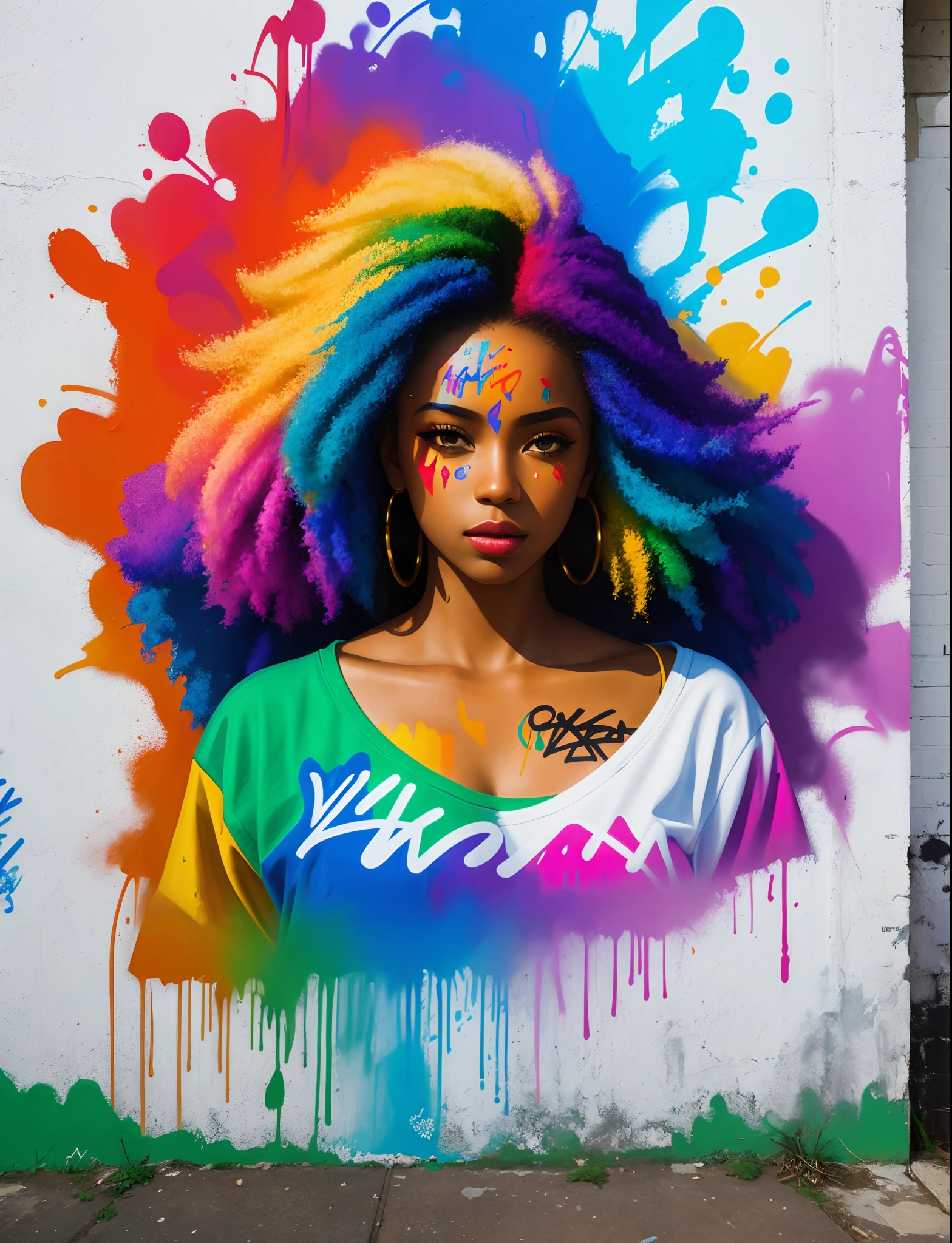 Graffiti painting, street art, 8k extremely detailed CG unit wallpaper, 8k landscape, artwork, masterpiece, best quality, amazing light strokes, of a black girl in graffiti style on a white wall with vibrant colors.
