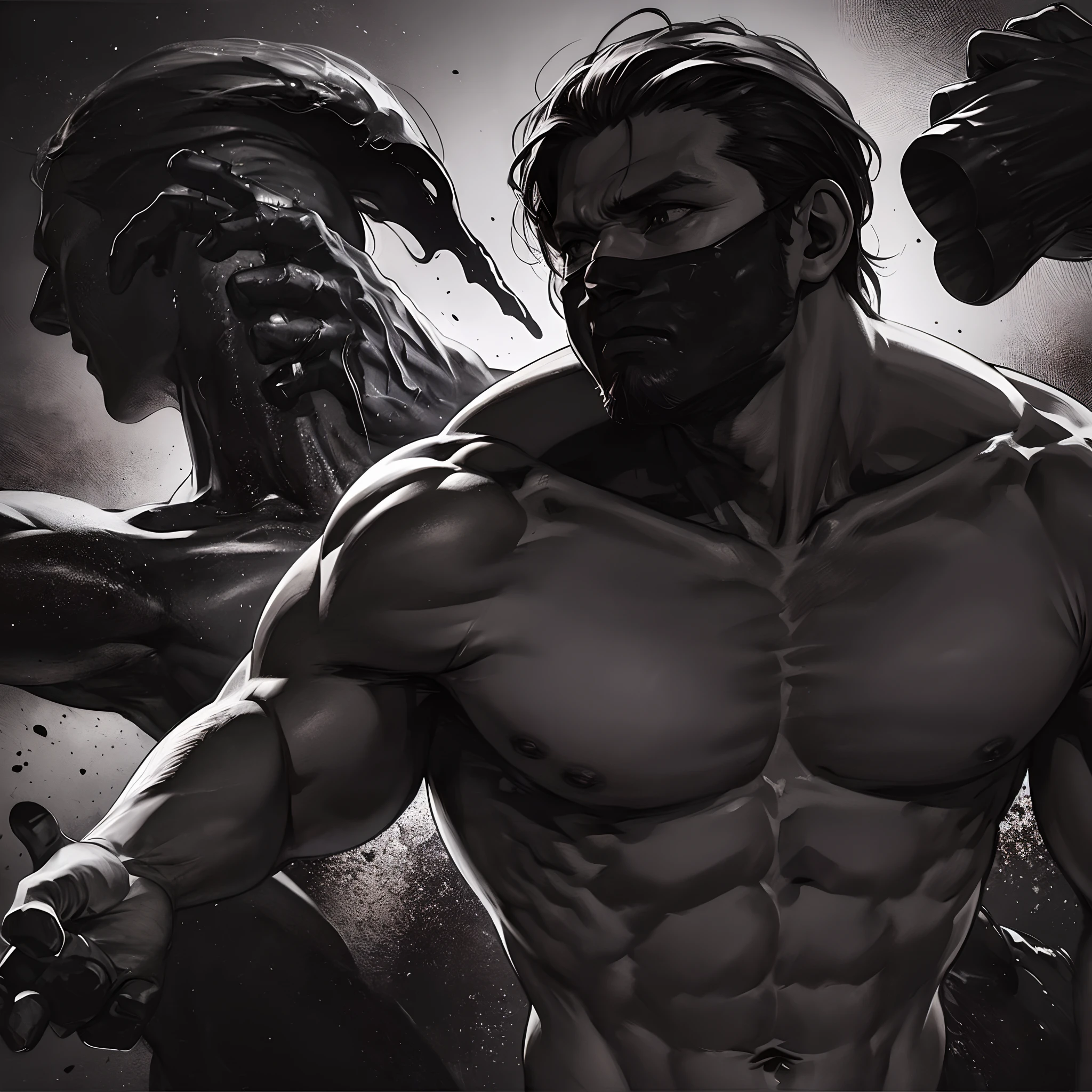 Highest resolution, view from the left side, shades of black, 1 man throwing a fist, upper-body shot, walking, paint man only with shades of black and red, man with no face, volcanic activity in background, close-up, angered face, shirtless, muscular physique