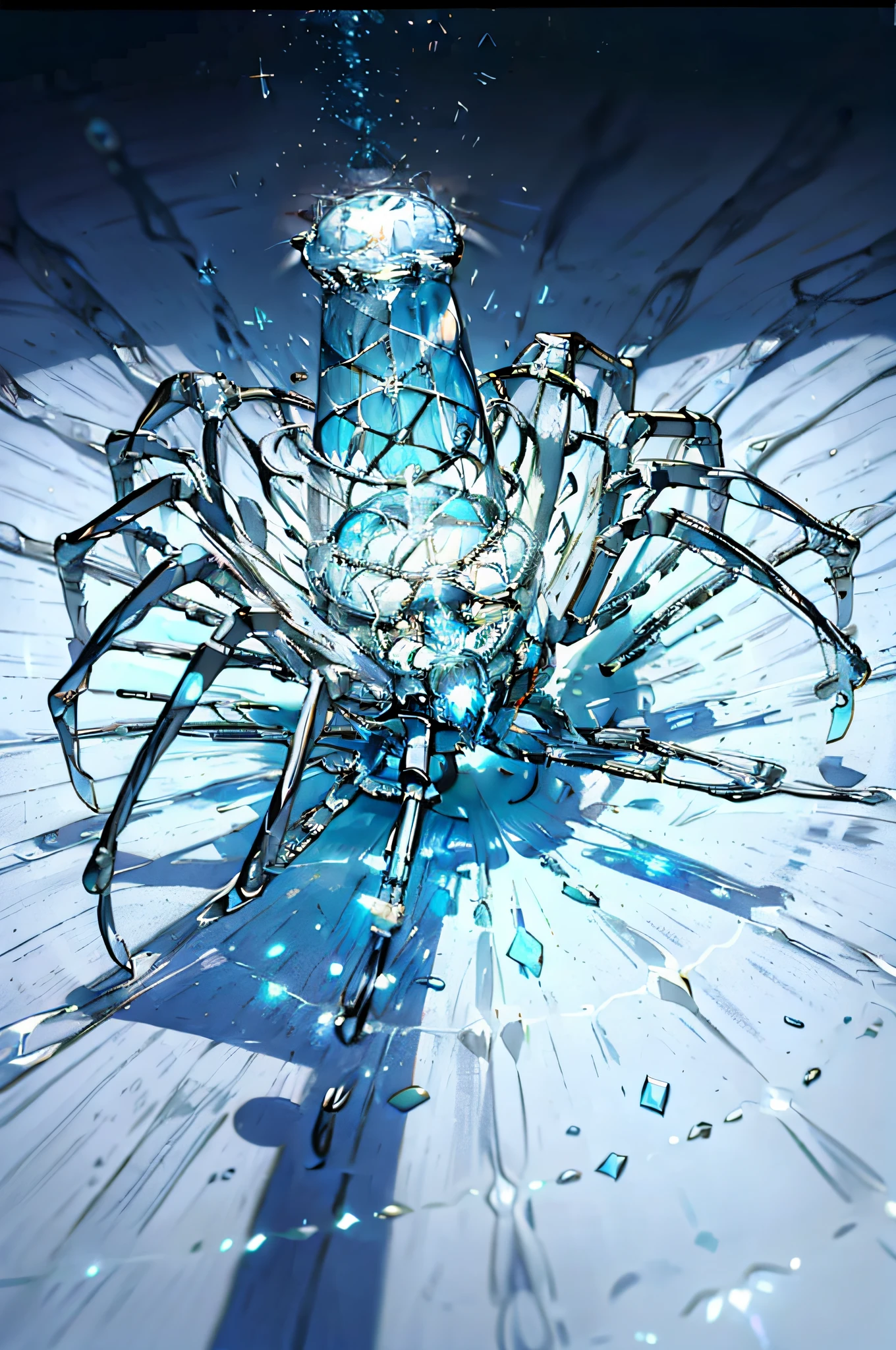 Imagine uma aranha monstruosa feita inteiramente de cristais brancos, with a translucent body that glows with a pure and radiant white. Every detail of the spider is carefully carved into white crystals, creating an ethereal and delicate appearance. Seus olhos brilham com um branco cintilante, emanando uma luz suave e acolhedora. Como a aranha se move, ela deixa um rastro de brilho branco, iluminando o ambiente com uma aura de paz e serenidade.