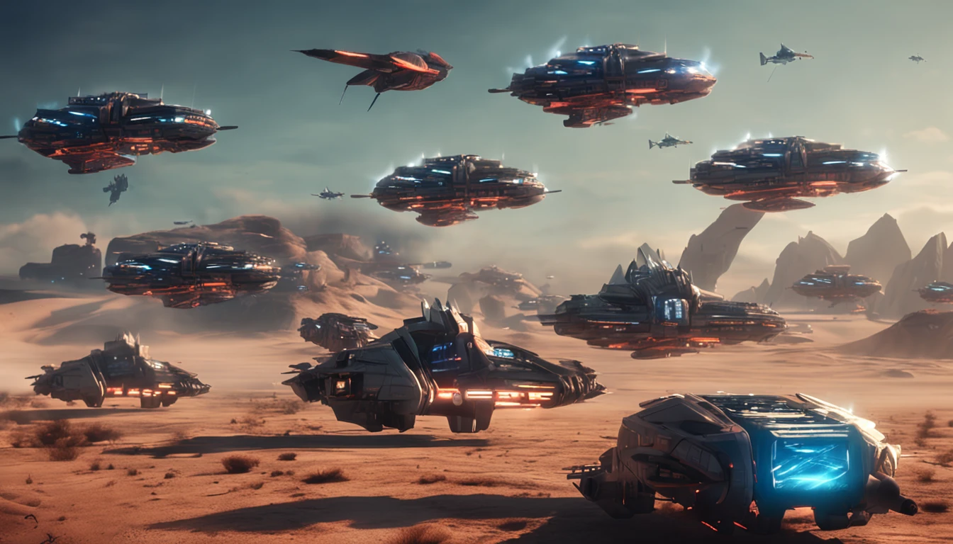 Dozens of huge spaceships lined up in formation