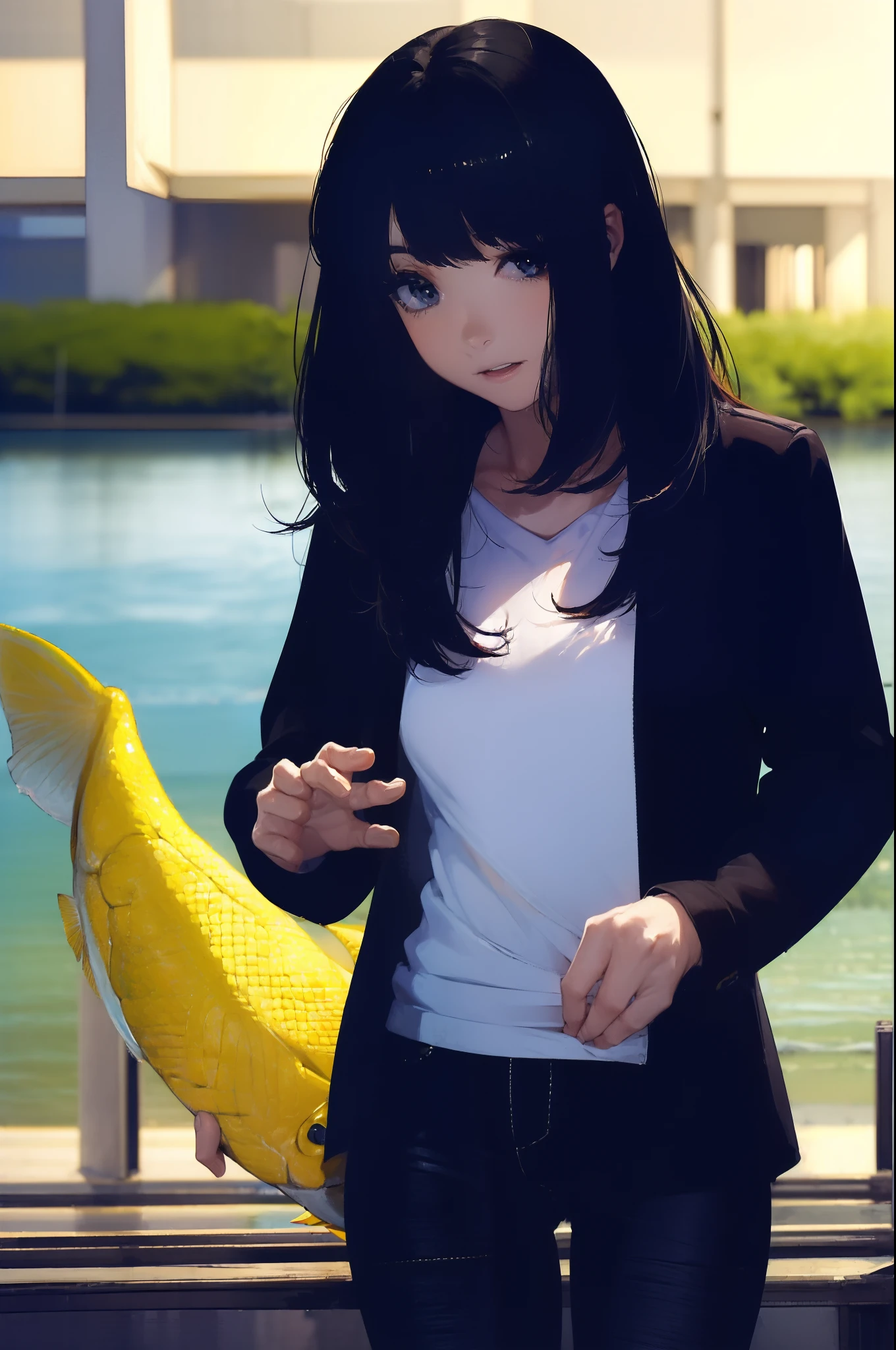 ((((Catching a big fish by the lake:1.5)))),((Female 28 years old)),((Best Quality:1.5)),(((Hands with the correct number and structure of fingers:1.4))),((Big fish:1.37)),hight resolution,ultra-detailliert,masterpiece,best qualtiy,(Eight-headed body),Black hair, long eyes-lashes, Solid Circle Eyes, drop shadow, Atmospheric perspective,Super Detail, ccurate, small brest,(Black jacket and black jeans :1.1),top-quality, blurry backround, bokeh dof:1.2, (masterpiece:1.3), Atmospheric perspective,Super Detail,dynamic compositions,