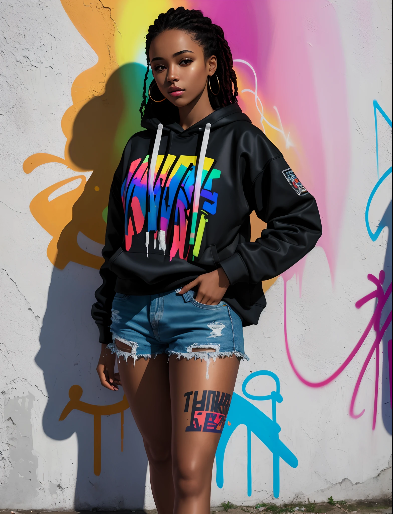 (best quality), beautiful ebony african girl with black dark skin and long black hair, camel toe, legging, sweater, masterpiece, extremely detailed CG uniform 8K illustration, high color, extremely high color saturation, all colors deepened, paint, graffiti art, center composition, extremely detailed light and shadow, graffiti wall, wall painted bright, 1 girl graffiti 1 girl looking at the wall, extremely detailed face and eyes, medium length hair, sportswear, colored clouds