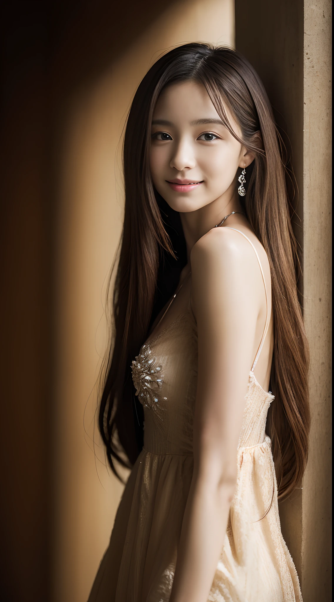 the Extremely Detailed CG Unity 8K Wallpapers、top-quality、ultra-detailliert、masterpiece、studio shoot、The upper part of the body、Luxurious dresses、Fashionable、a necklace、A bracelet、耳Nipple Ring、small tits、tiny chest、Photo Real、extremely detailed cute girl、独奏、21years old、side glance, Melancholy look, Hands behind your back、wall-paper, Avant-garde hair,high-level image quality、hight resolution、realistic skin textures、Model body type、Brown semi-long hair、little smiling