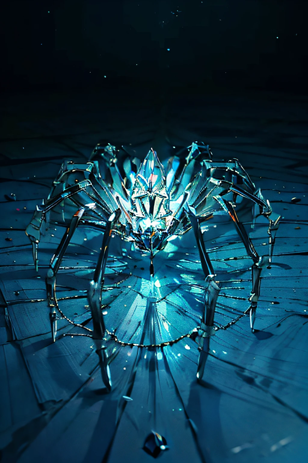 Imagine uma aranha monstruosa feita de cristais brancos, com um corpo que parece ser feito de pura luz branca. Each leg is composed of faceted white crystals, que capturam e refletem a luz, criando um brilho iridescente. Seus olhos, like two white crystal jewels, emitem um brilho suave e tranquilo. As the spider moves, raios de luz branca iluminam seu caminho, preenchendo o ambiente com uma atmosfera de paz e harmonia.