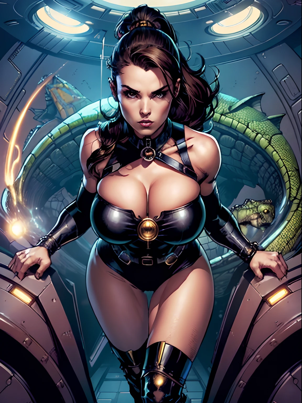 (masterpiece, top quality, best quality, official art, beautiful and aesthetic:1.2), (1girl:1.3), dark brown hair in a single ponytail, extremely detailed, portrait, looking at viewer, solo, (full body:0.6), detailed background, close up, gold eyes, (cool space ship theme:1.1), (green skin, reptilian, scaly skin), shapeshifter, charlatan, smirk, mysterious, walking on a spaceship, revealing jumpsuit, black leather, long boots, buckles, straps, pouches, collar, sleeveless, black latex, ((((gigantic breasts, cleavage, skindentation)))), slim waist, slim hips, long legs, futuristic (starship interior:1.1) background, dark mysterious lighting, shadows, magical atmosphere, dutch angle