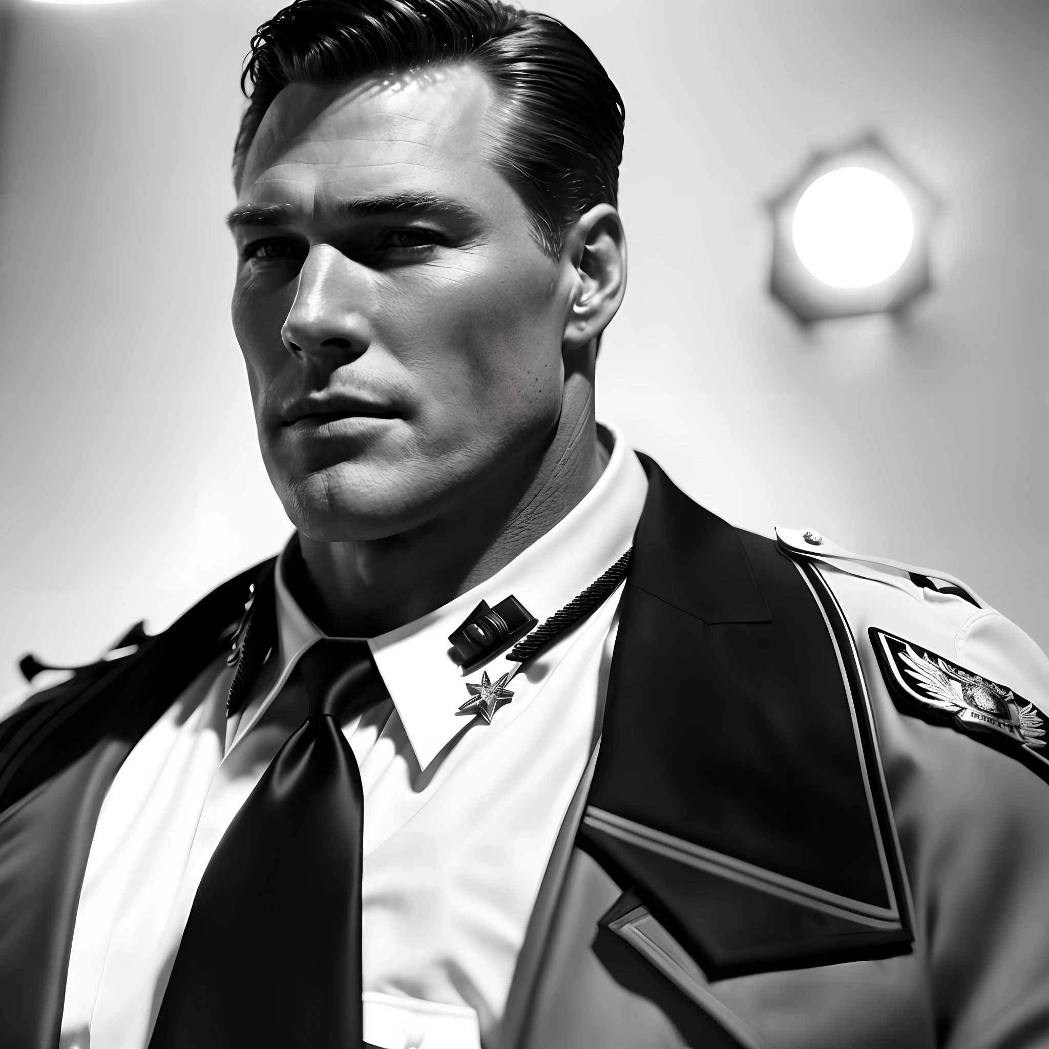 Most handsome man to ever live as a Police Chief during the world war 2, photography, soft lighting, soft details, octane, artstation trending, ultra high detail, ultra realistic, cinematic,16k, noir, absurdly detailed, intricate detail, by Alex Ross, extremely Handsome, ridiculously handsome, intimidating, tall and very muscular man, (manly_perfection: 1.9) , impossibly handsome, 50 years old, dilf, wrinkles, very squared chin, perfectly sculpted face, proeminent cheekbones, (godly_beauty: 1.9), (Christopher_Reeves: 0.5), (Marlon_Brando: 0.2)