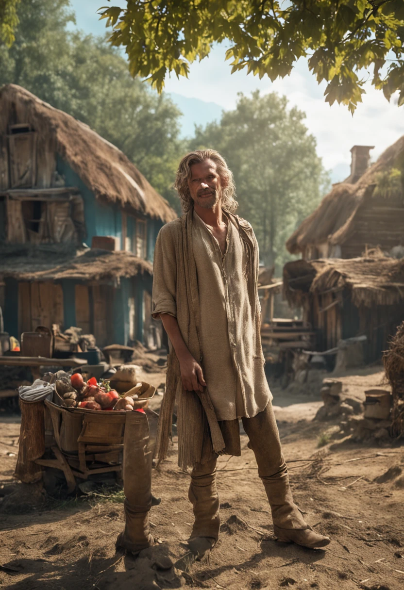 A new Outsider has arrived in the small village surrounded by forest, Everyone in the village looking at the new resident. He would not be a good resident for such a quiet and quiet village. He is so beautiful that he catches everyone's attention. Dressed like a good peasant, with his clothes tight on his body, catching the attention of everyone wherever he goes., blonde hair, curly hair, white eyes, light smile, naughty face, determined, wide shot, Canon, En plein air, 8k, masterpiece, super detail, high details, best quality