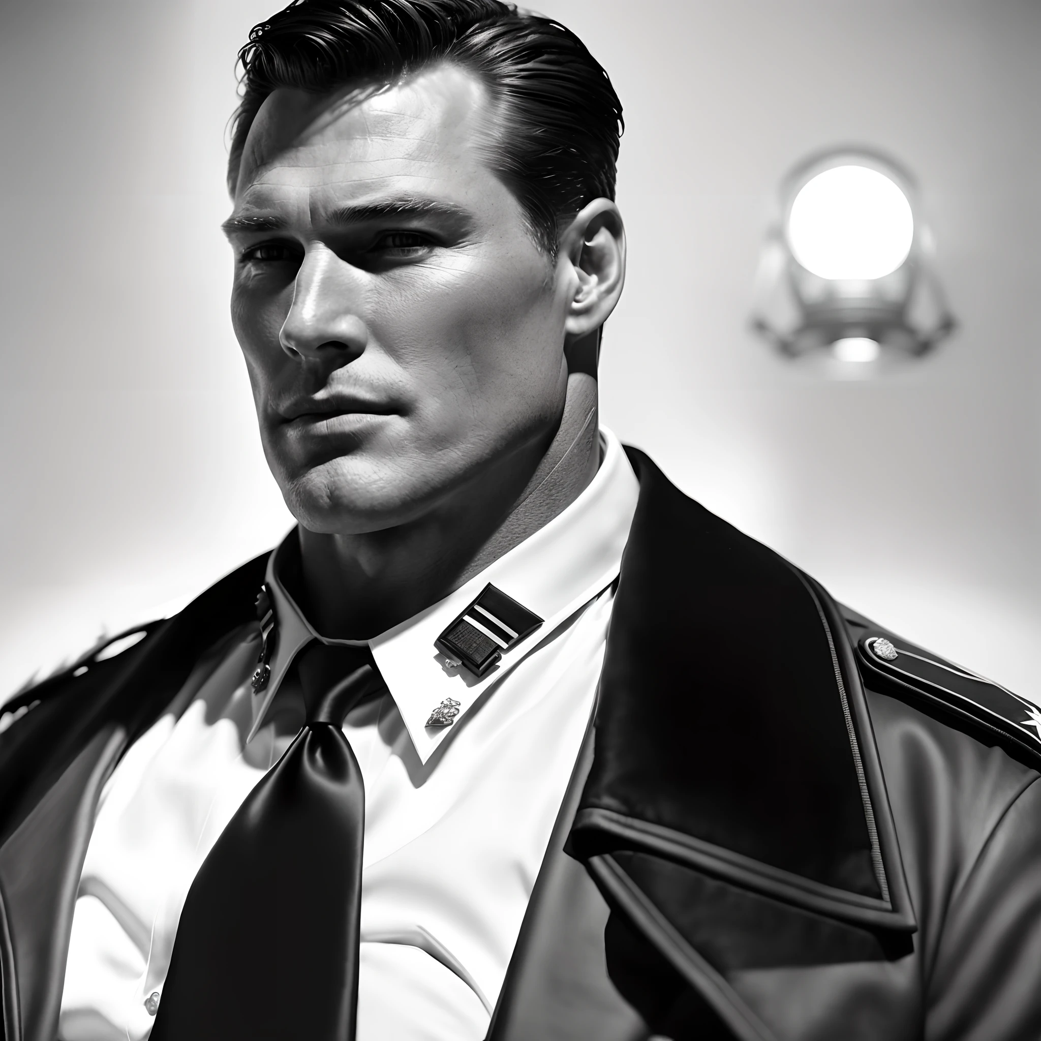 Most handsome man to ever live as a Police Chief during the world war 2, photography, soft lighting, soft details, octane, artstation trending, ultra high detail, ultra realistic, cinematic,16k, noir, absurdly detailed, intricate detail, by Alex Ross, extremely Handsome, ridiculously handsome, intimidating, tall and very muscular man, (manly_perfection: 1.9) , impossibly handsome, 50 years old, dilf, wrinkles, very squared chin, perfectly sculpted face, proeminent cheekbones, (godly_beauty: 1.9), (Christopher_Reeves: 0.5), (Marlon_Brando: 0.2)