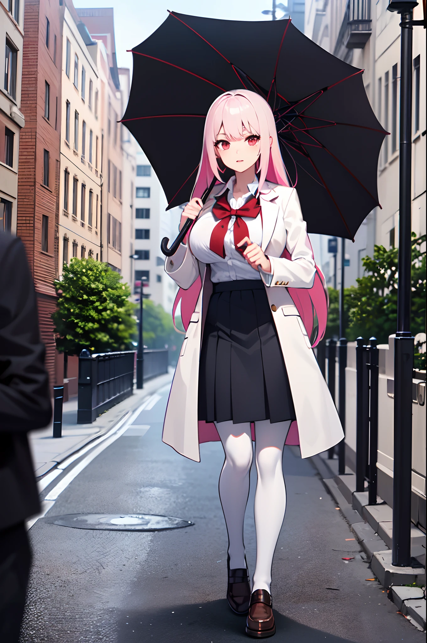 masterpiece, high quality, high res, 1girl, milf, solo, huge breast, vampire girl, long hair, pink hair, white hair, multicolored hair, red eyes, white coat, school uniform, medium skirt, black pantyhose, holding umbrella, city, building, afternoon, full body, anime