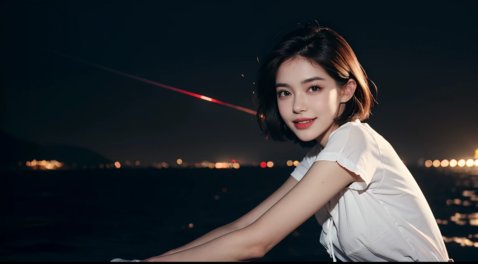 short hair, beautiful brown eyes, pointy nose, pouty lips, tall, petite, slim, extremely fair skin, wearing white blouse, black denim shorts, red shoes, red shoes, black gloves, looking at viewer, smiling, night time, rocky shore, detailed meteor shower across the horizon, 1girl, octave render, hd, masterpiece, detailed texture, detailed skin, detailed face,