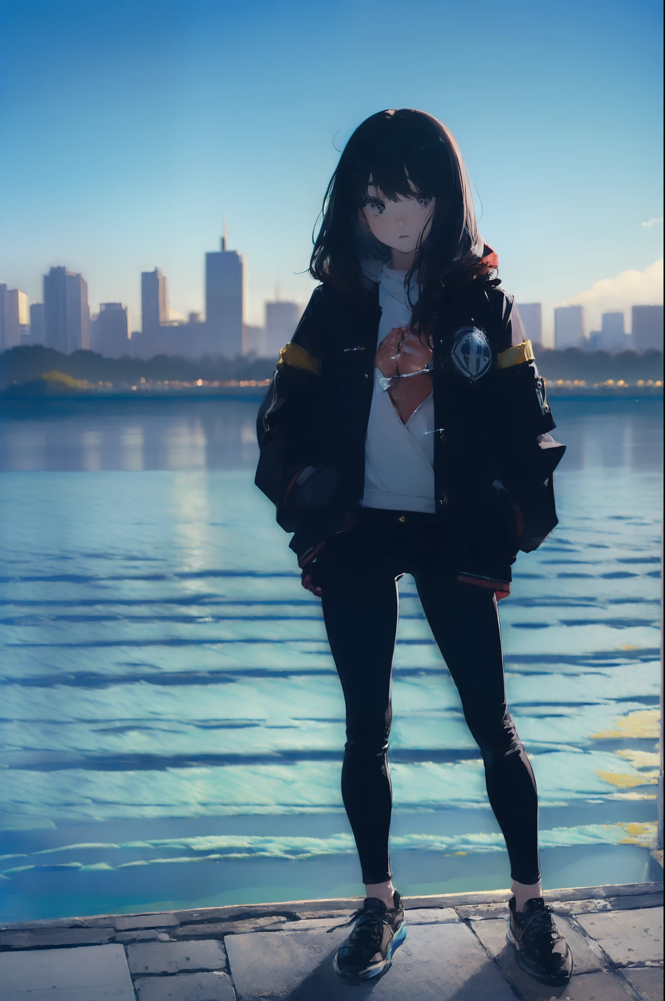 ((((Catch big fish by the lake:1.5)))),((Female 28 years old)),((Best Quality:1.5)),(((Hands with the correct number and structure of fingers:1.4))),((Big fish:1.37)),hight resolution,ultra-detailliert,masterpiece,best qualtiy,(Eight-headed body),Black hair, long eyeslashes, Solid Circle Eyes, drop shadow, Atmospheric perspective,Super Detail, ccurate, small brest,(Black jacket and black jeans :1.1),top-quality, Bokeh landscape:1.2, (masterpiece:1.3), Atmospheric perspective,dynamic compositions,