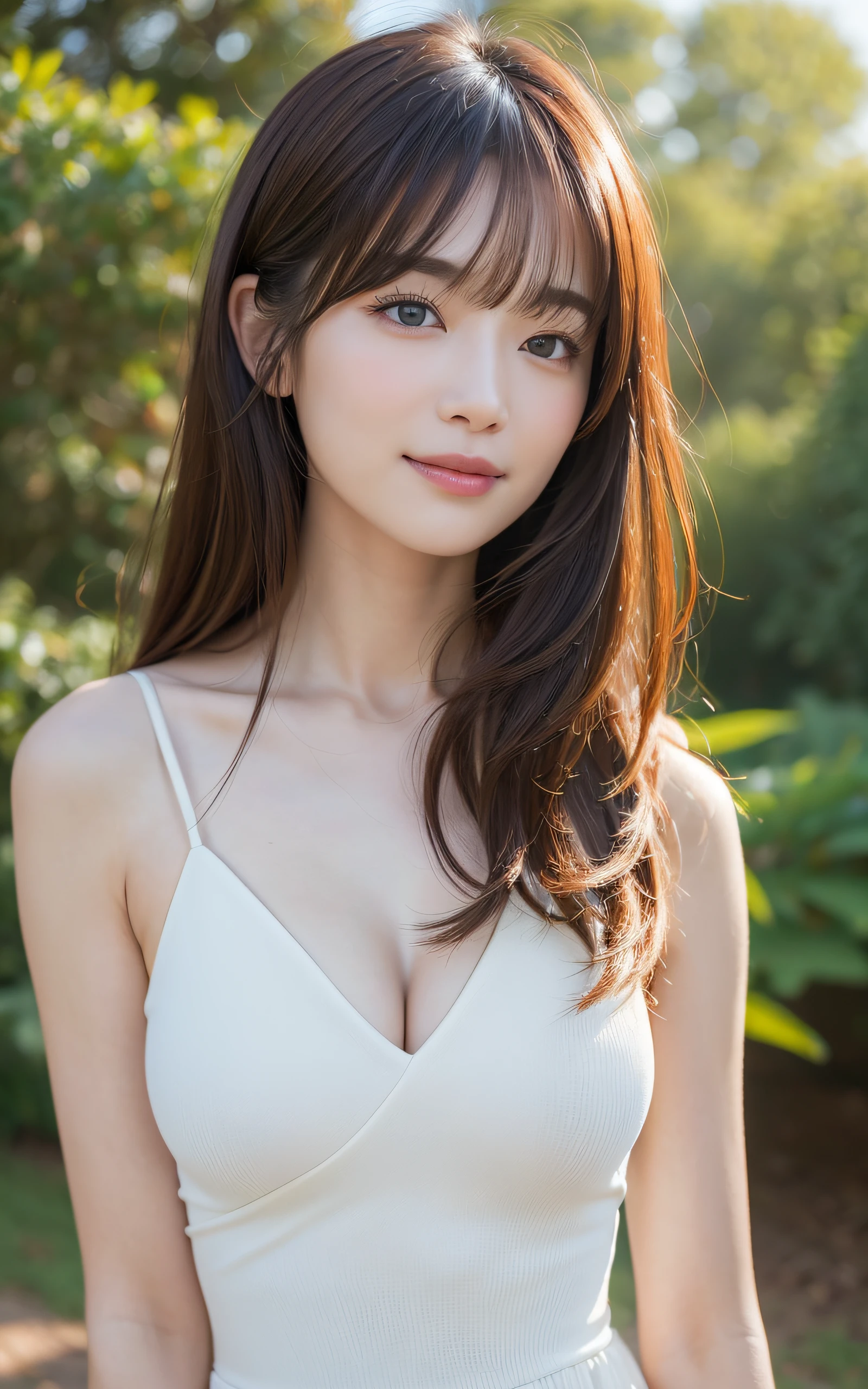 ((top-quality、8k masterpieces:1.3))、(ultra beautiful faces:1.0)、(shinny skin:1.0)、photos realistic、Brown hair, Shoulder-length straight hair swaying in the wind, Bangs, Video Lighting、High-definition eyes and face、1 japanese girl, Neat and clean beauty, Cute, from the front side、medium breasts、A slight smile, Forest lake with morning mist