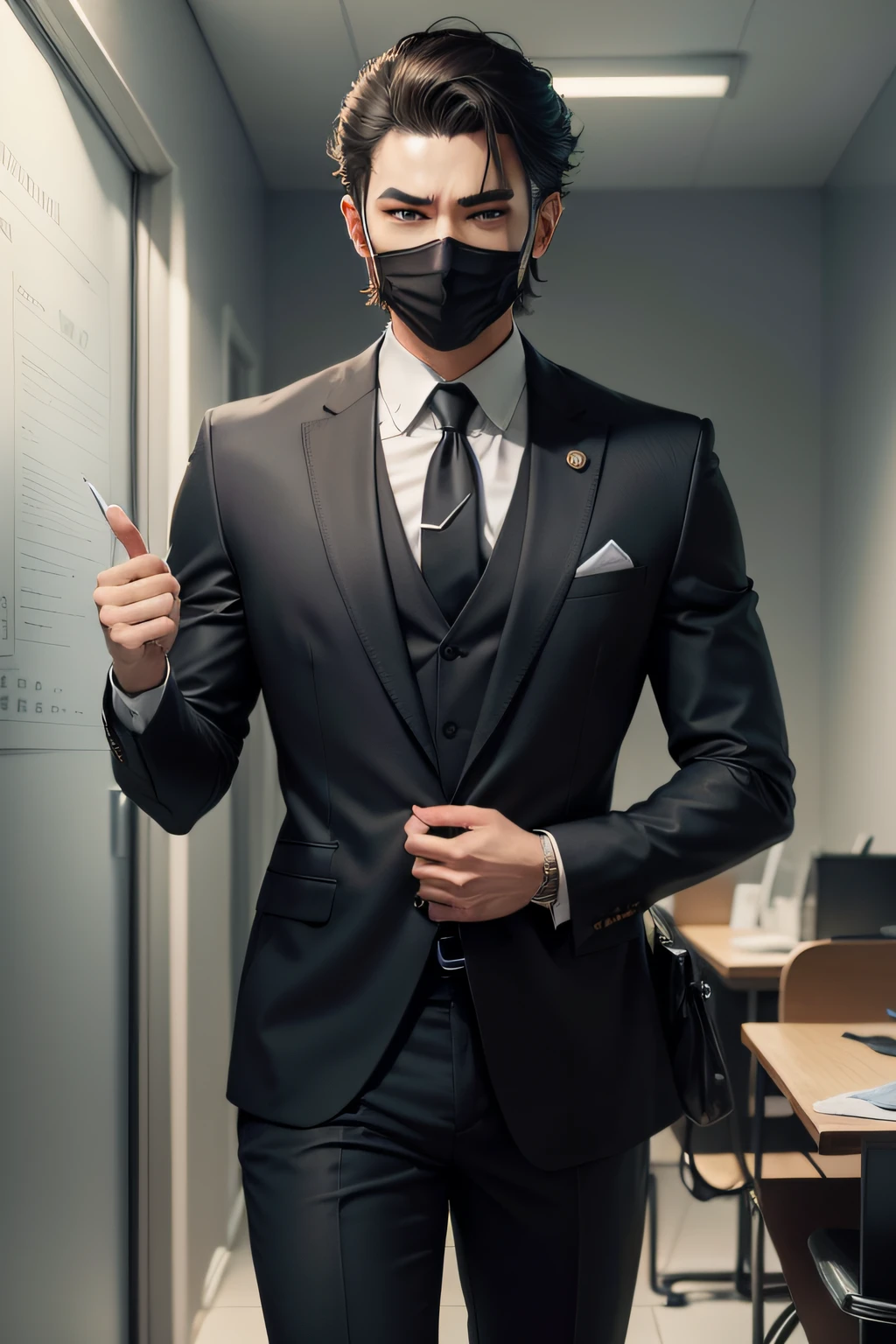 there is a man in a suit and tie with a mask on, dark suit, he is wearing a suit, in a strict suit, in his suit, in strict suit, wearing a strict business suit, in a suit, official character art, official art, varia suit, dressed in a suit, suit and tie, official character illustration, pointing towards a blank white board, off to the right of the frame, not in full frame, pointing towards the left