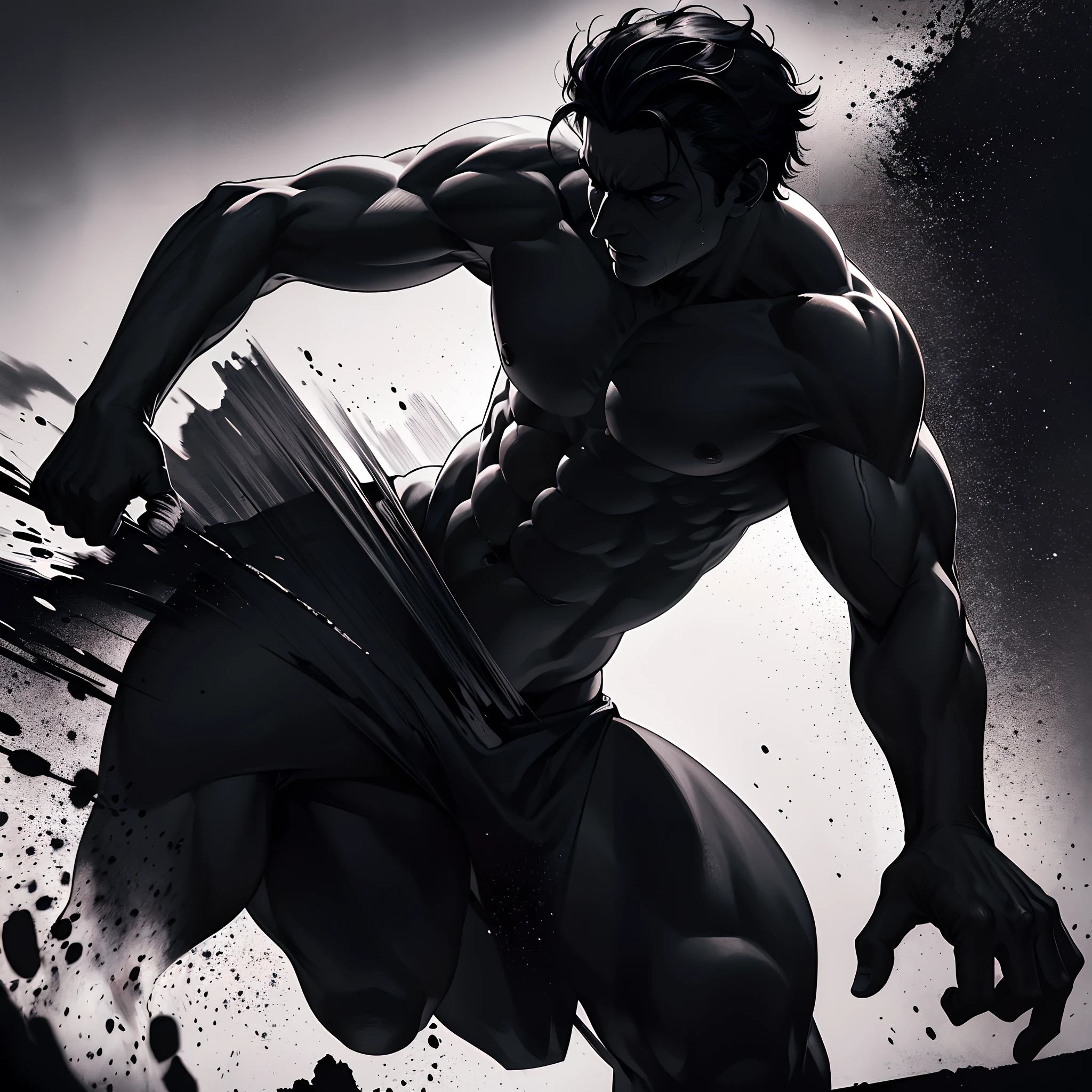Highest resolution, view from the left side, shades of black, 1 man throwing a fist, upper body shot, a man painted only with his shadow, paint man only with shades of black, volcanic activity in background, close-up, angered face, shirtless, muscular physique, blood everywhere