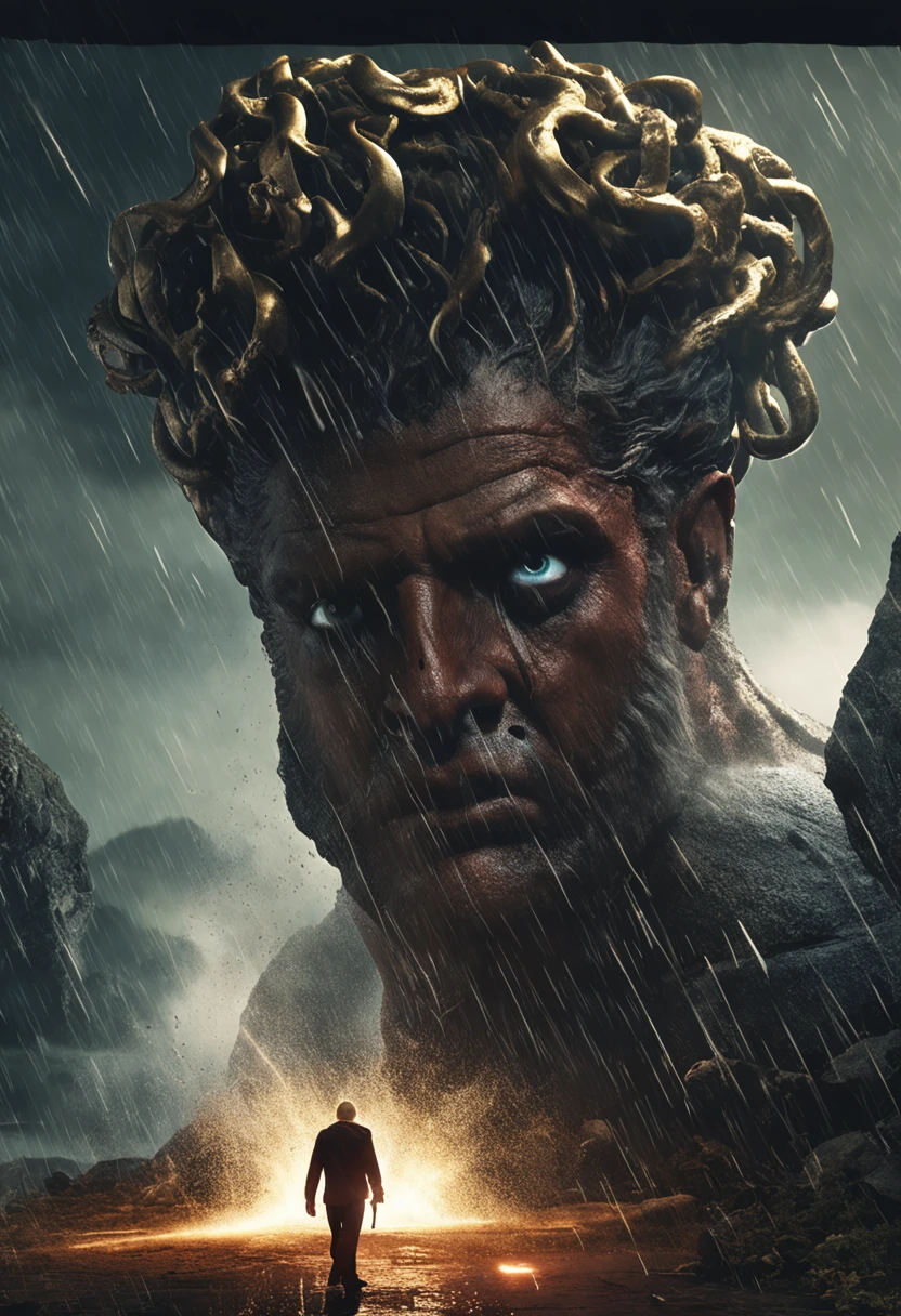 "Zeus held Medusa's head in his arms, Heavy rain accompanied by lightning and thunder, Penetrating light emitted from your eyes, An expression full of hatred"