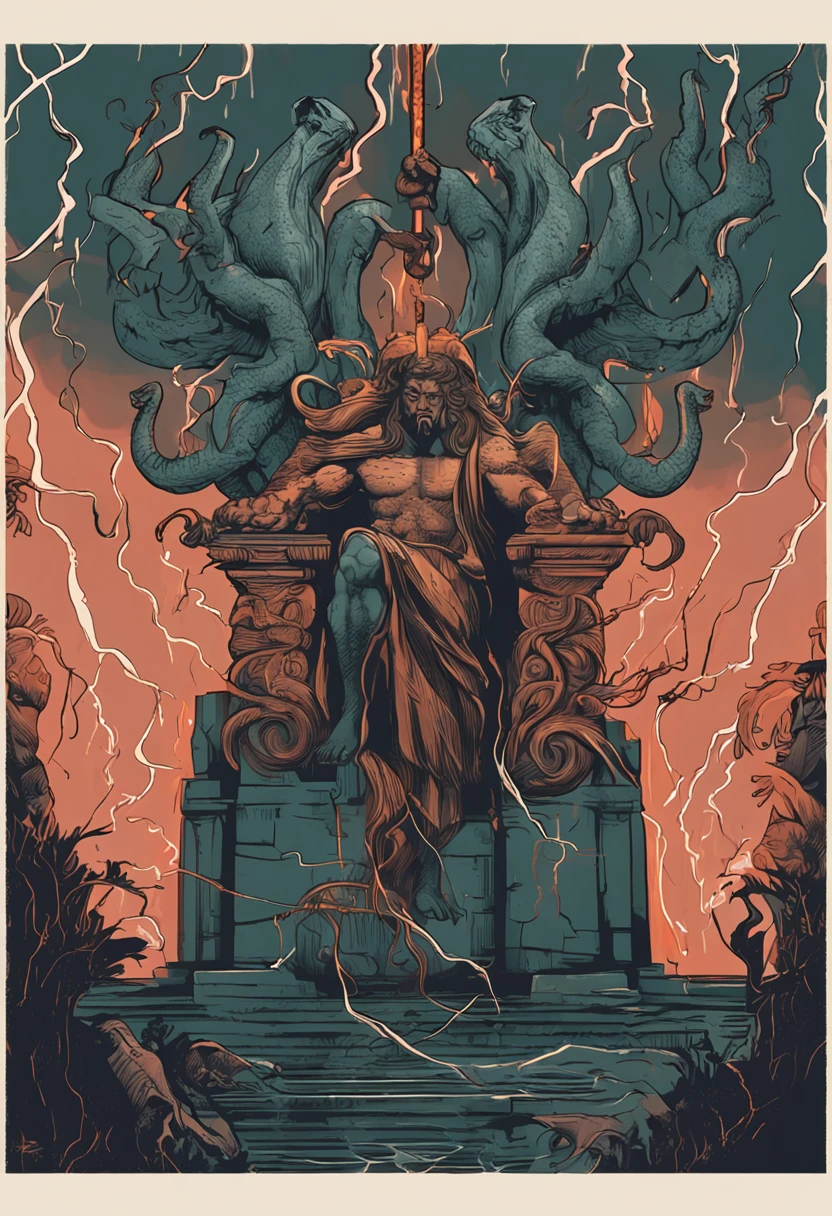 "Zeus held Medusa's head in his arms, Heavy rain accompanied by lightning and thunder, Penetrating light emitted from your eyes, An expression full of hatred"