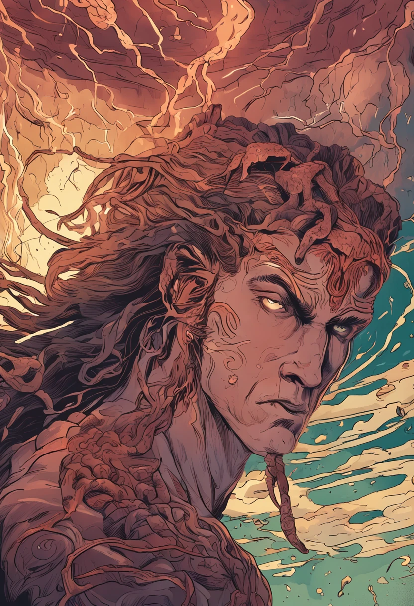 "Zeus held Medusa's head in his arms, Heavy rain accompanied by lightning and thunder, Penetrating light emitted from your eyes, An expression full of hatred"