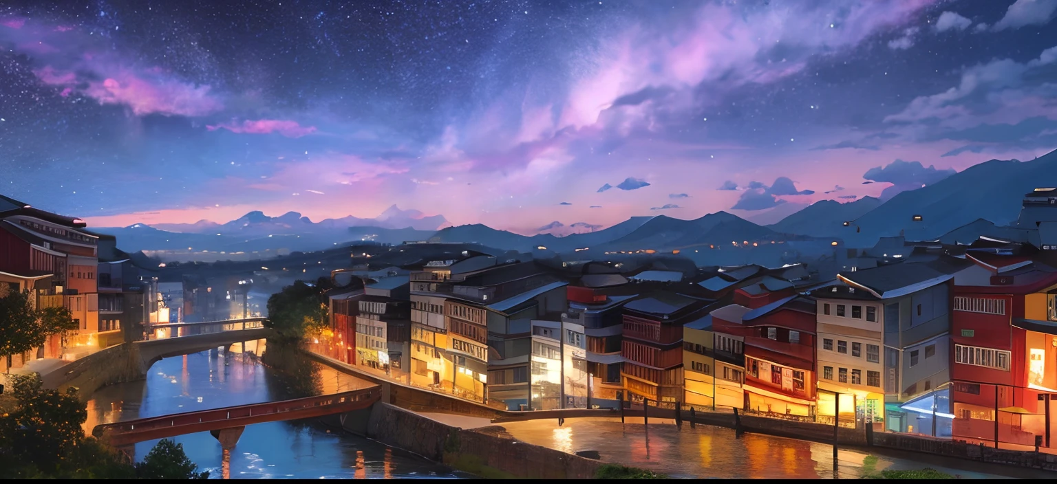 Foto ultra realista de uma cidade estilo chinesa tradicional nas montanhas a noite com muitas luzes, chuva forte, mistborn