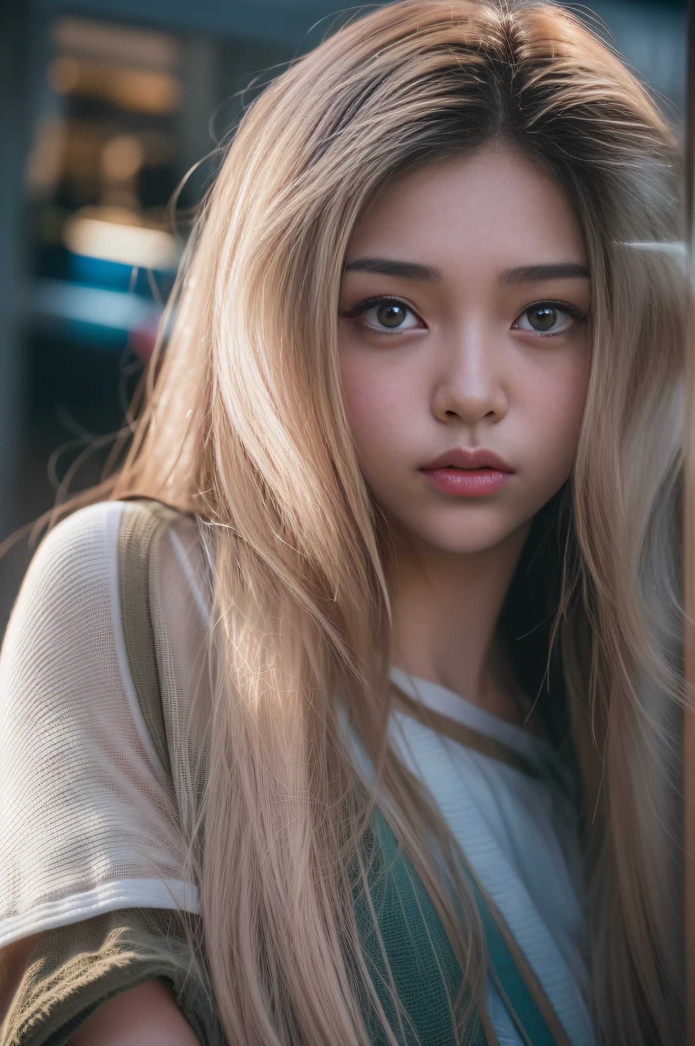 (gradient hair, dutch angle:1.3), film grain, chromatic aberration, city centre, masterpiece, best quality, raw photo, photorealistic, absurdres, 1girl, cute, perspective, cowboy shot, highres, ultra detailed, finely detail, detailed eyes and face, sharp pupils, realistic pupils, sharp focus, summer, night,